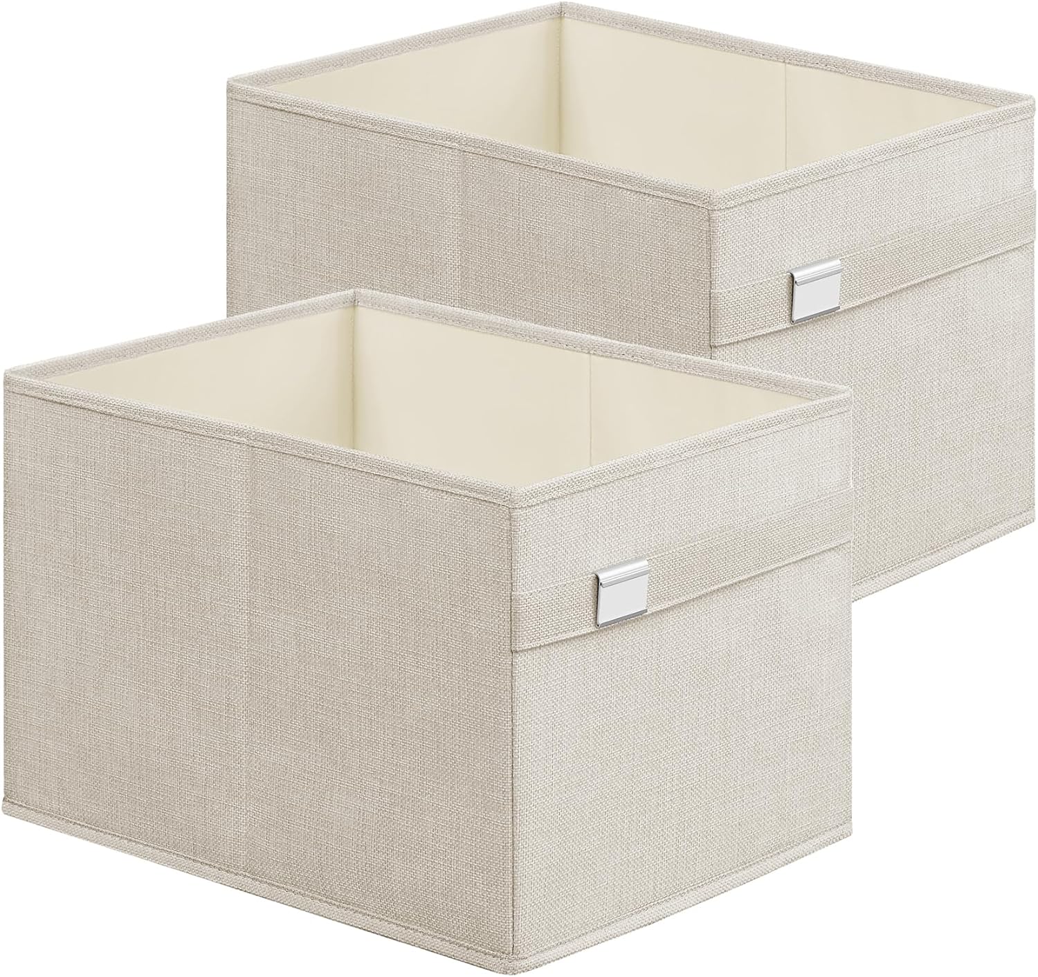 SONGMICS Storage Baskets, Set of 2 Storage Bins, 2 Handles, 15.7 x 11.8 x 9.8 Inches, Oxford Fabric and Linen-Look Fabric, Washable, Foldable, Metal Label Holders, Cloud White UROB240W02