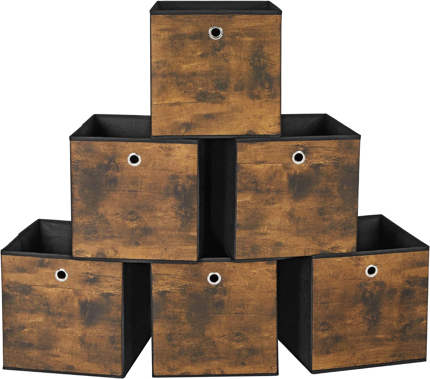 SONGMICS Storage Cubes, Set of 6 Storage Bins with Handles, Foldable Oxford Fabric and Non-Woven Fabric Storage Boxes, 11.8x11.8x11.8 Inches, Fit Cube Storage Unit, Rustic Brown and Black URFB102B01