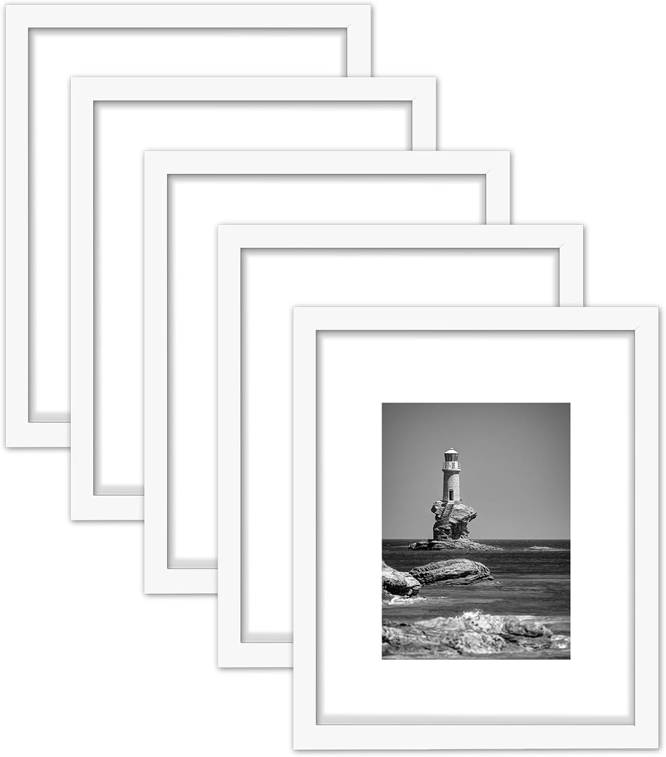 8x10 Picture Frame Set of 5, Display Pictures 5x7 with Mat or 8x10 Without Mat, Wall Gallery Photo Frames or Tabletop Display, White