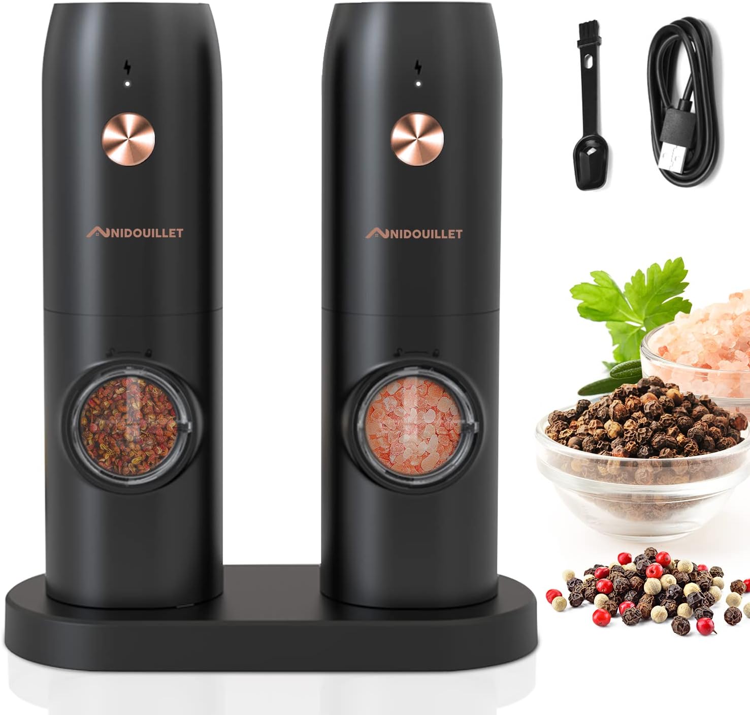 Nidouillet Electric Salt and Pepper Grinder Set, 2 Pack Rechargeable Salt Pepper Grinder Set, Black Refillable Automatic Mills Shaker With LED Light,5 Adjustable Coarseness, One-HandedOperation