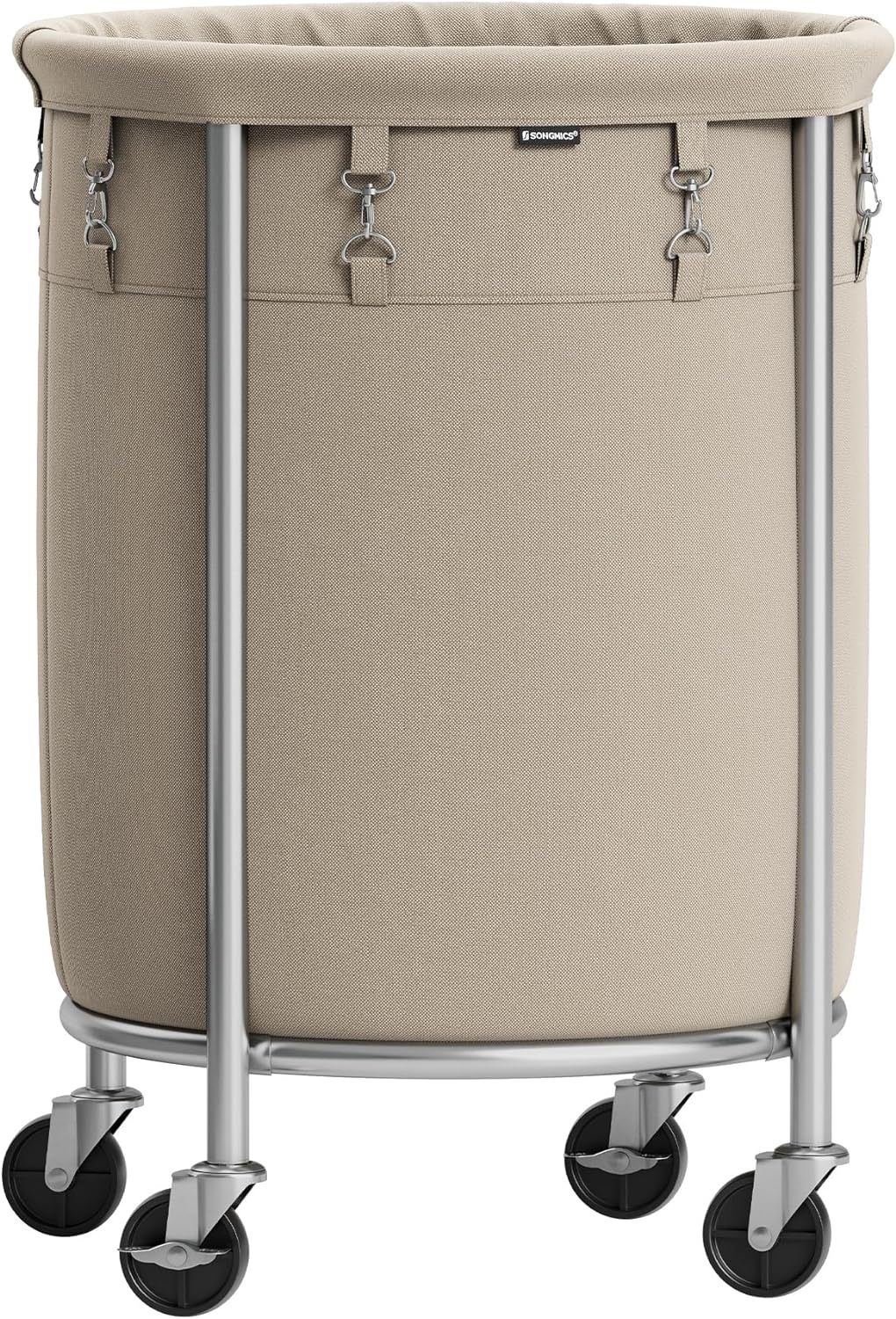 SONGMICS Laundry Basket with Casters, Rolling Laundry Hamper, 29 Gal., Round Laundry Cart with Steel Frame and Removable Bag, 4 Casters and 2 Brakes, Camel Brown and Metallic Silver URLS002N01