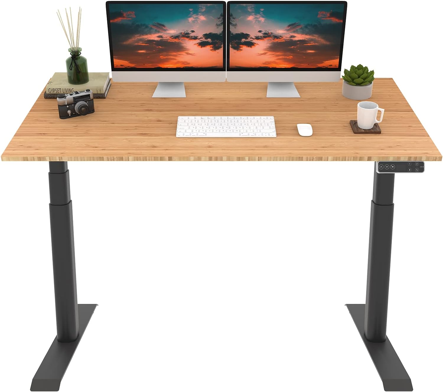 FLEXISPOT E8 Dual Motor 3 Stages Bamboo Electric Standing Desk 60x30 Inch Oval Leg Whole-Piece Board Height Adjustable Desk Electric Stand Up Desk Sit Stand Desk (Black Frame   Bamboo Desktop)