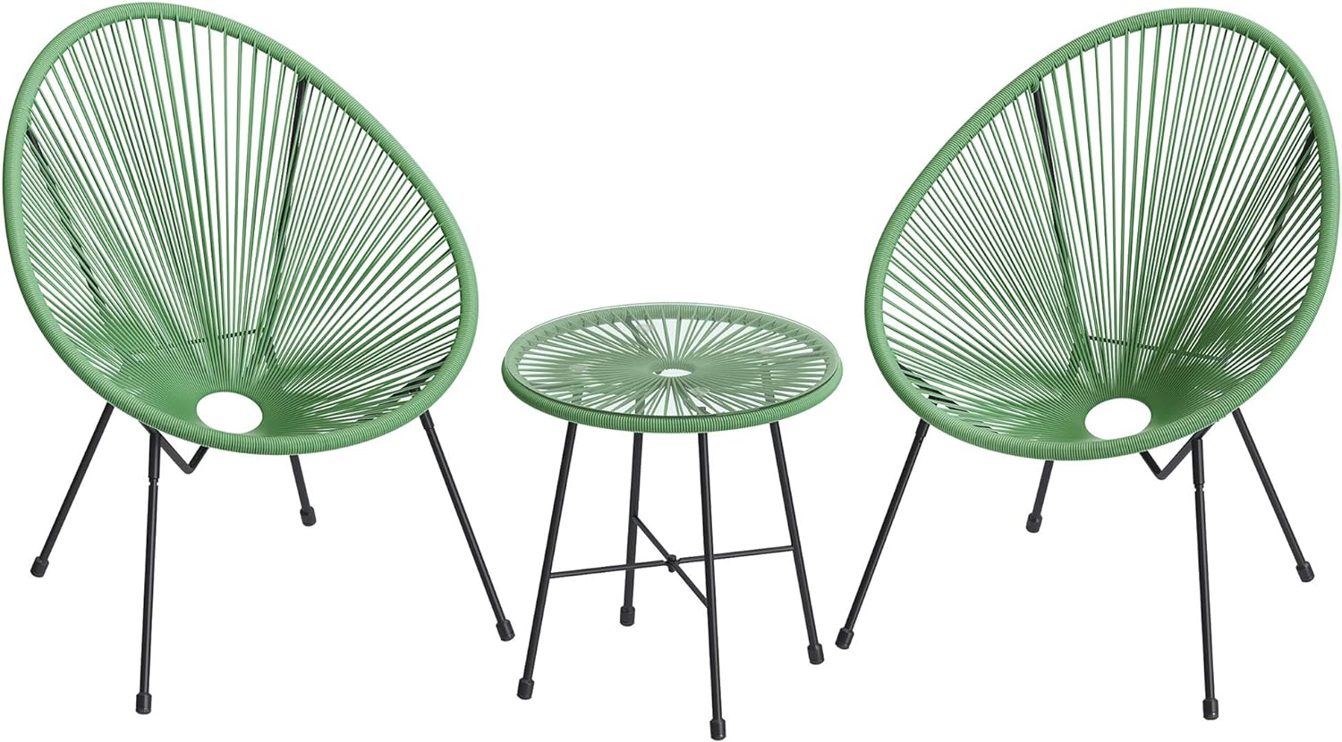 SONGMICS 3-Piece Seating Acapulco, Modern Patio Furniture, Glass Top Table and 2 Chairs Indoor and Outdoor Conversation Bistro Set, Light Green