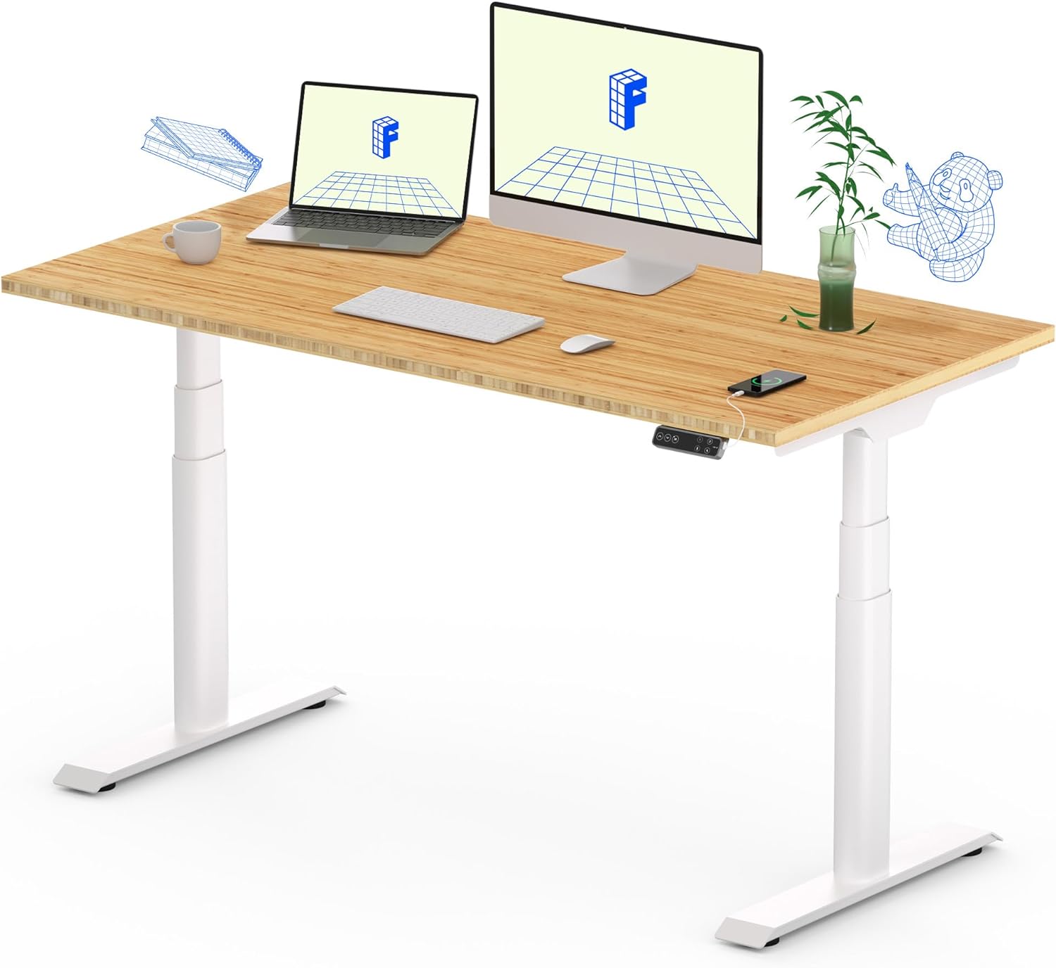 FLEXISPOT E8 Dual Motor 3 Stages Bamboo Electric Standing Desk 48x24 Inch Oval Leg Whole-Piece Board Height Adjustable Desk Electric Stand Up Desk Sit Stand Desk (White Frame + Bamboo Desktop)