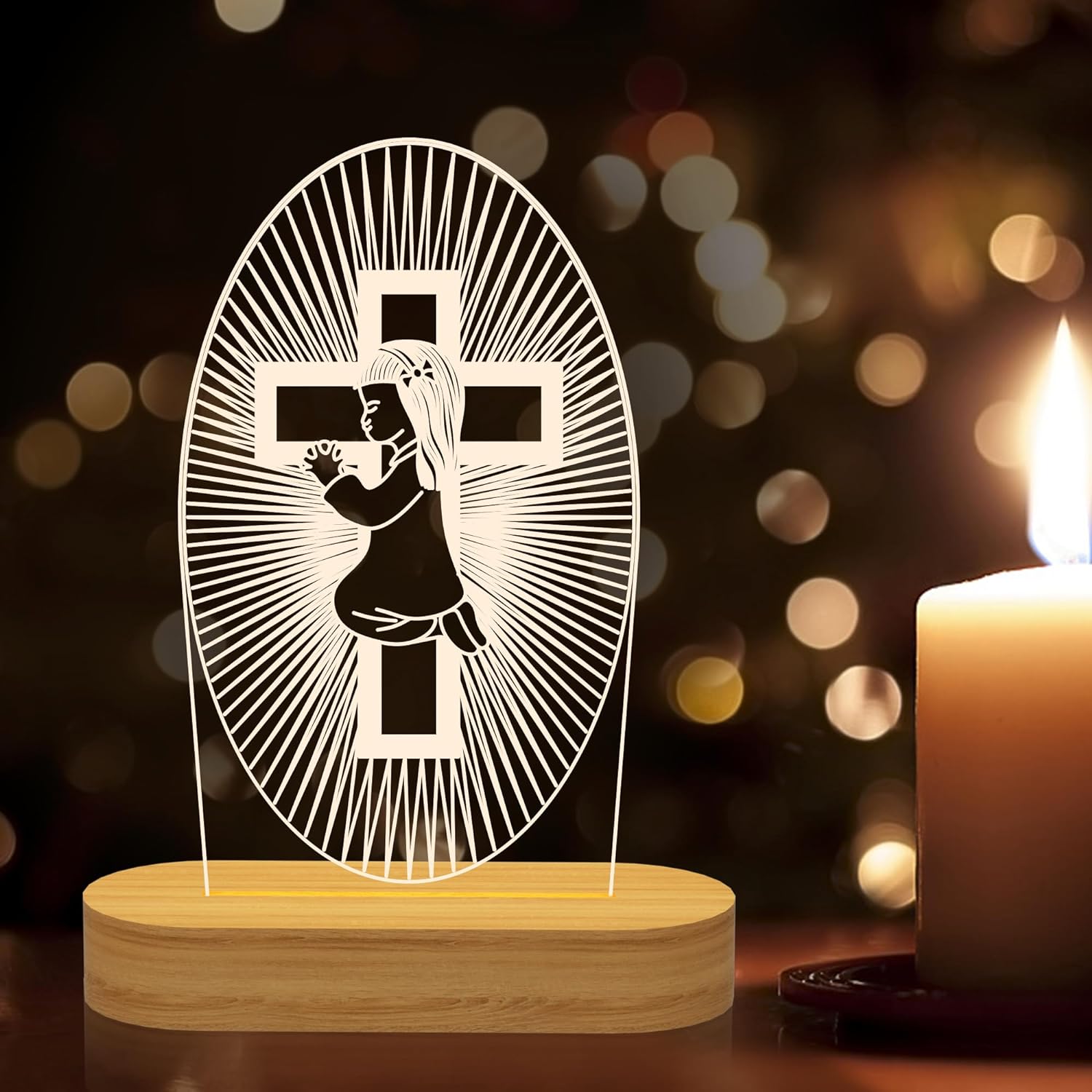 YuanDian Baptism Gift for Girls, Wooden Lamp Cross Night Light, Kids Decoration Novelty Lamp USB Power Bedroom Decor Christening Dedication Gift Godparents Gifts for Baptism