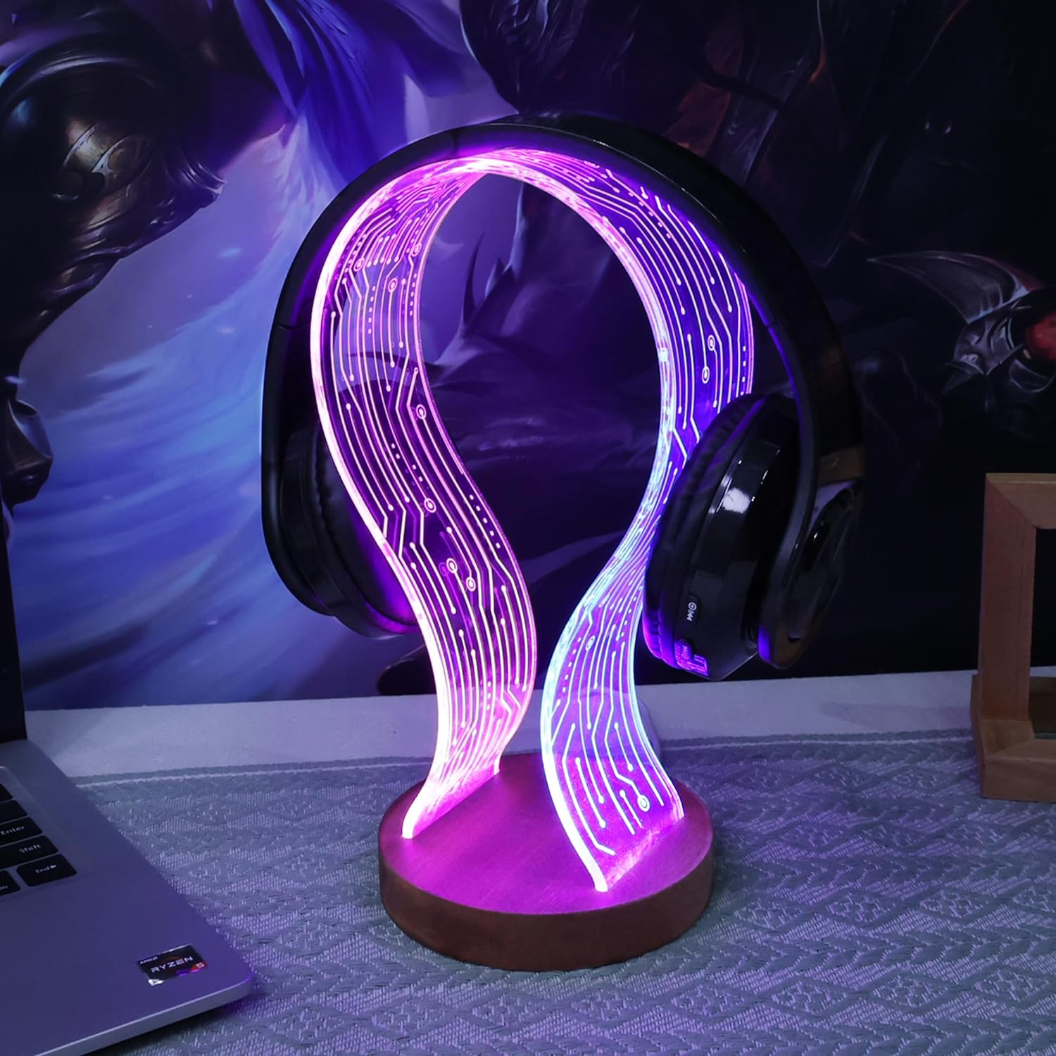 YuanDian Headphone Stand, Wood Headset Holder with Blue Pink LED Night Light for Gamers, Men, and Music Lovers - Ideal Desk Gift Idea