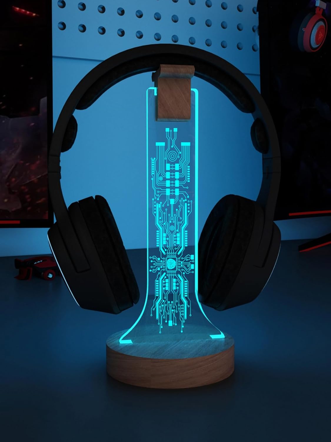 YuanDian Light up Headphone Stand for Desk, Gaming Headset Wooden Holder RGB with 16 Color Lights for Game Room Decor, Cool Gamer Gifts for Men Boyfriend