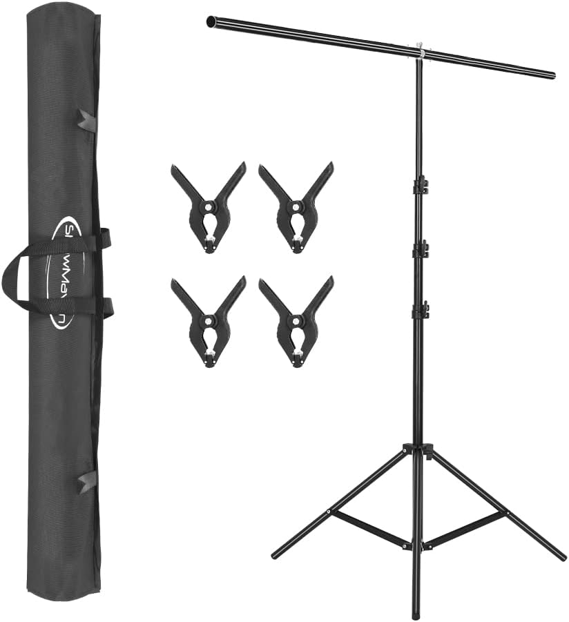 ShowMaven T-Shape Backdrop Stand 59in/150cm Wide 8.5ft Tall, Background Support Stand System with Carry Bag and 4 Clamps for Background, Photo and Video Studio