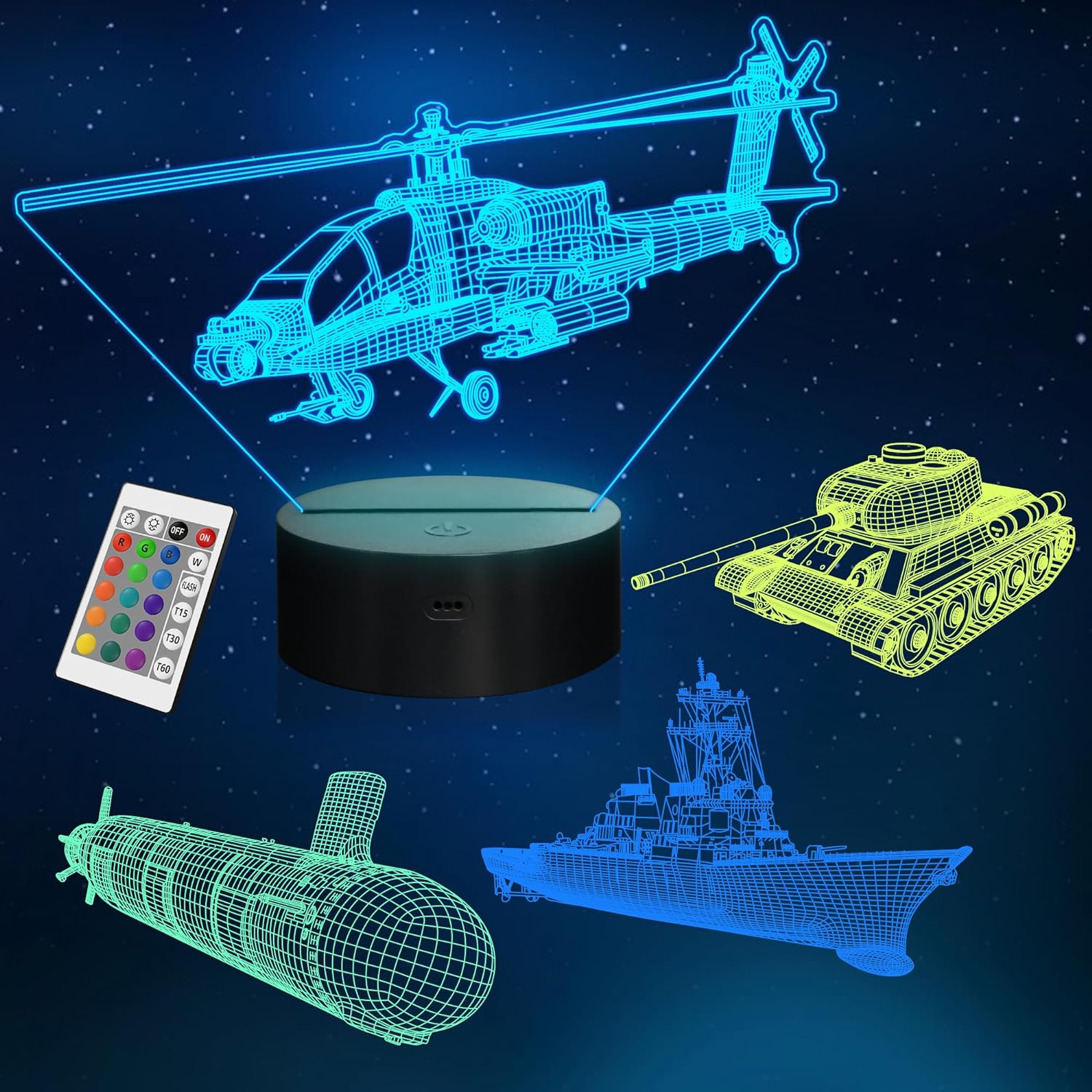 YuanDian Military Weapons 3D Lamp Kits,Navy Gguided Missile Destroyer, Submarine,Tank,Helicopter 3D Night Light for Kids (4 Patterns) with Remote Control & 16 Colors Light