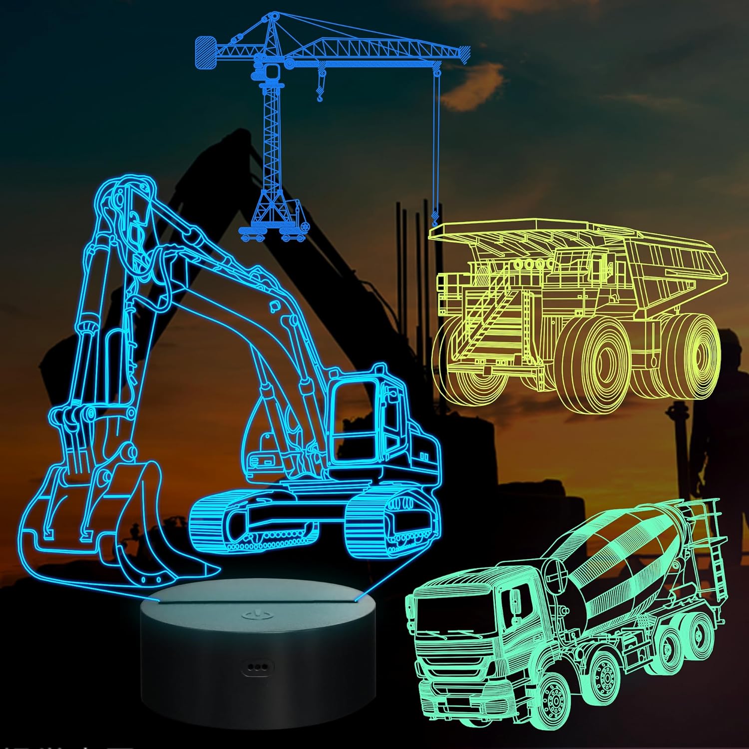 YuanDian Heavy Machinery 3D Lamp Kits,Excavators, Tower Cranes, Transit Mixers, Mining Dump Truck 3D Night Light for Kids (4 Patterns) with Remote Control & 16 Colors Light