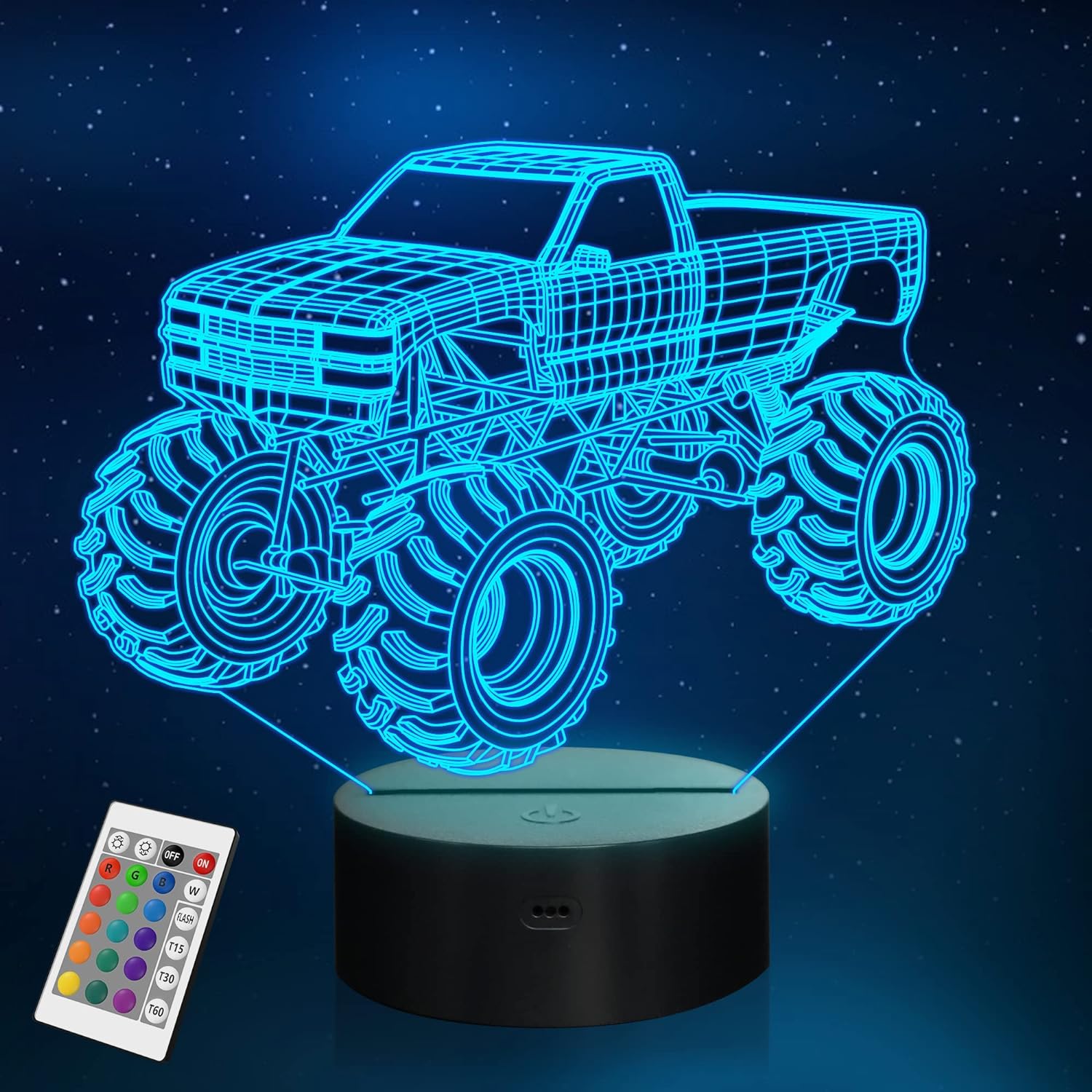 3D Night Lights for Children, Kids Night Lamp, Monster Trucks for Boys, 16 LED Colors Changing Lighting, Car Shape Acrylic Lighting Table Desk Bedroom Decoration, Ideas Birthday Xmas