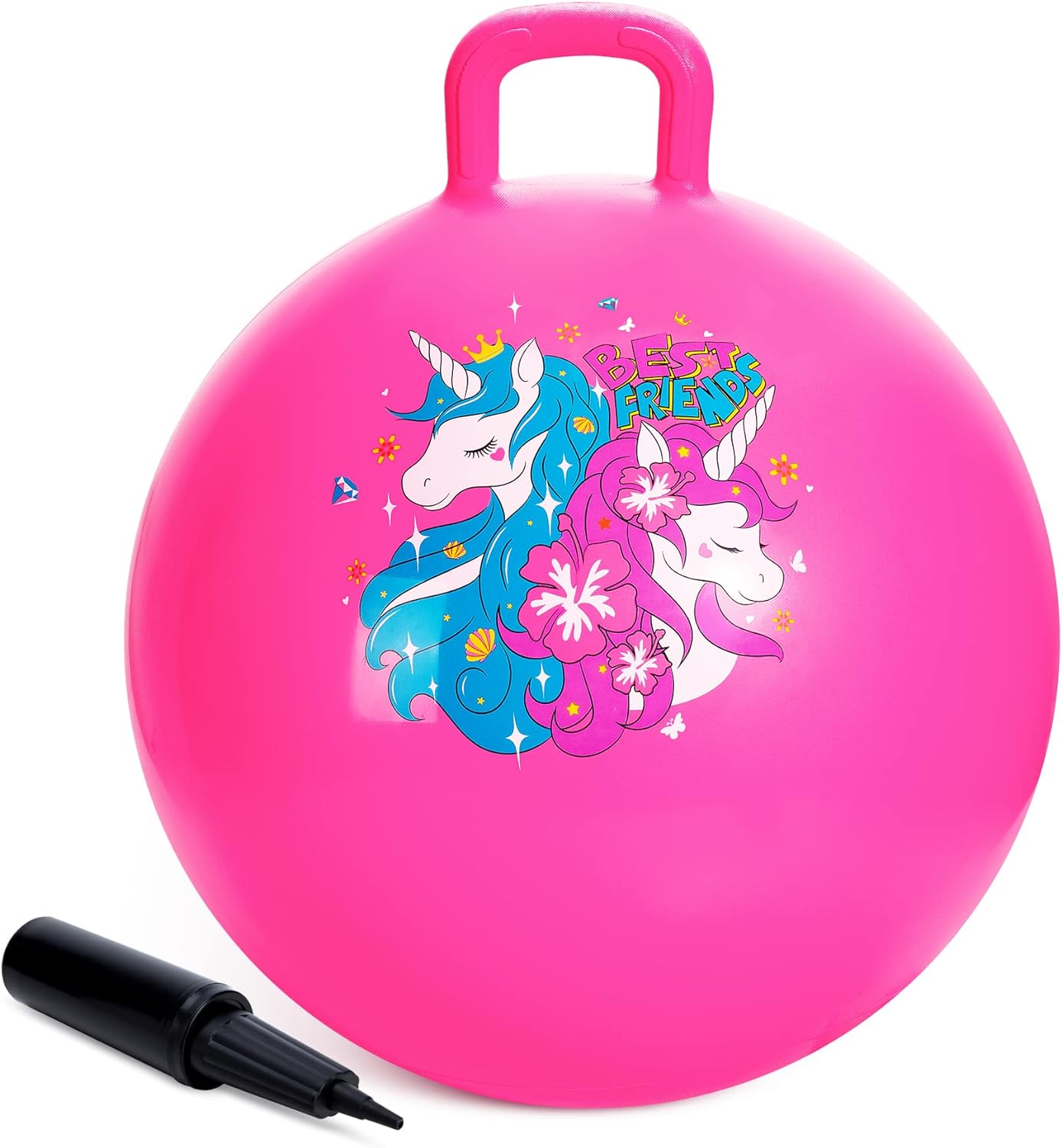 ZOOJOY Hopper Ball, Pink Bouncy Balls for Kids, 18 Inch Sit on Jumping Ball with Handle for Girls Gift Aged 3-8, Inflatable Unicorn Bounce Hopper Balls Toy with Pump