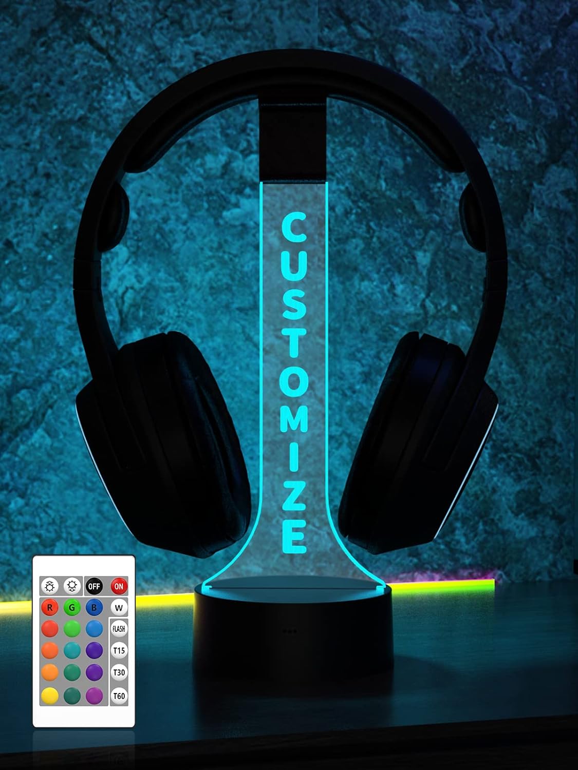 YuanDian Personalized Light up Headphone Stand for Desk, Gaming Headset Holder RGB with 16 Color Lights for Game Room Decor, Cool Gamer Gifts for Men Boyfriend (Customize)