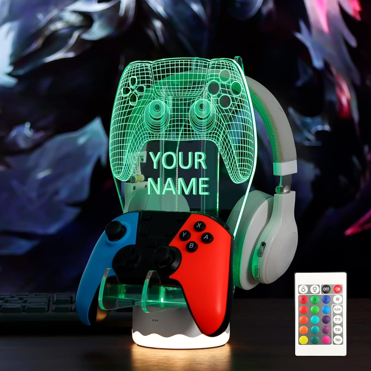 Light up Headphone Controller Holder, 16 Colors 3D LED Lights Gamepad Stand, Game Controller Hanger for All Universal Gaming PC Accessories (Customize Headphone & Controller Holder)