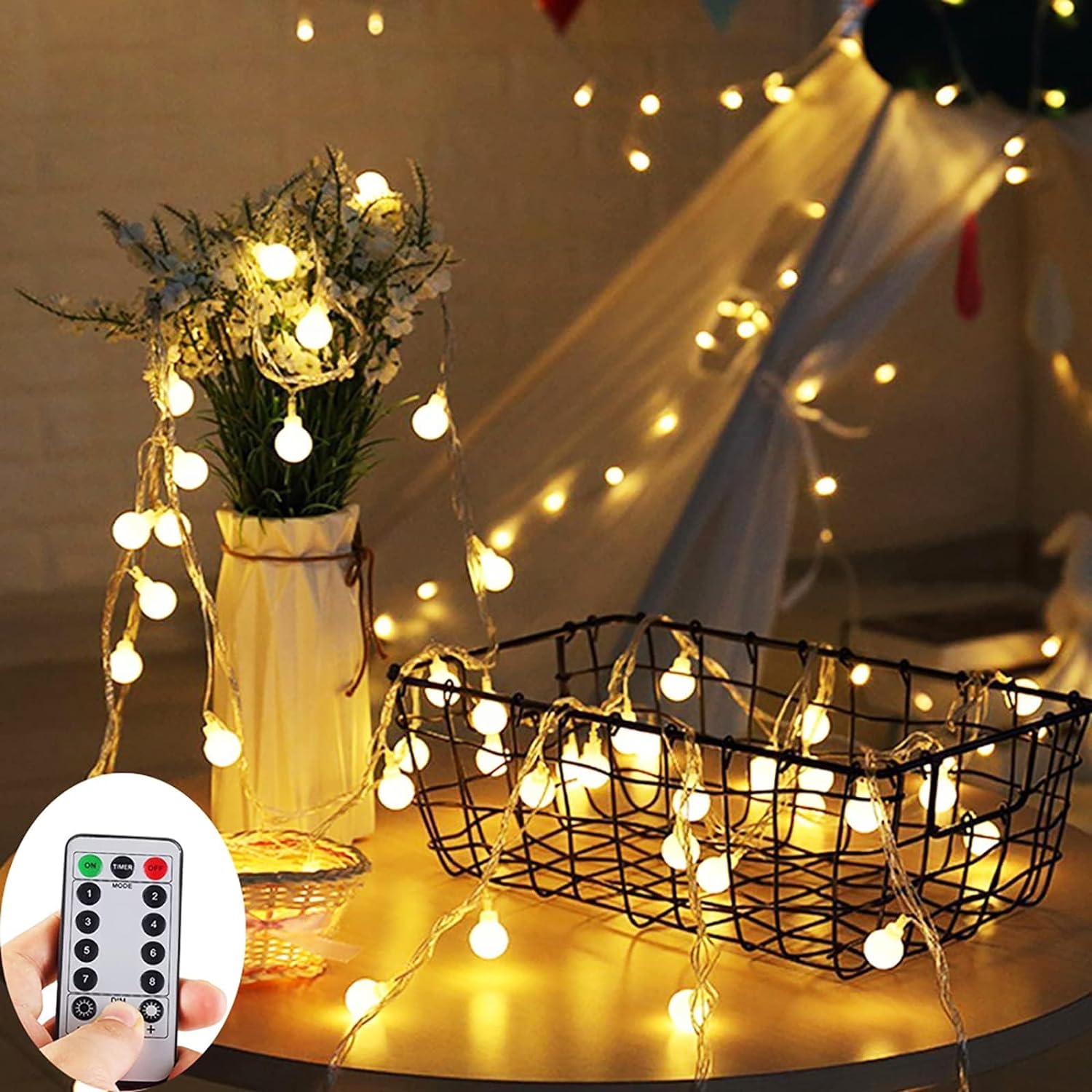 ZOUTOG Battery Operated String Lights, 33ft 100 LED Bulb Warm White Battery Operated Camping Lights with Remote Controller, Timer Fairy Light for Christmas/Wedding/Camping Indoor and Outdoor