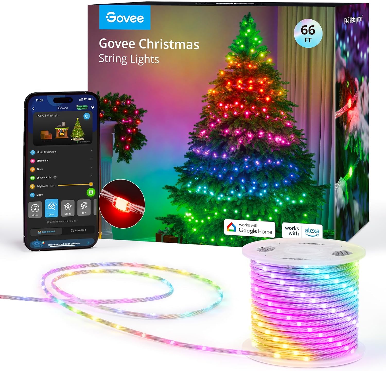 Govee Christmas Lights, Smart RGBIC Christmas Tree Lights, 99+ Holiday Scene Modes, 66ft with 200 LEDs String Lights Outdoor, IP65 Waterproof, Sync with Music, Works with Alexa, New Year Decor