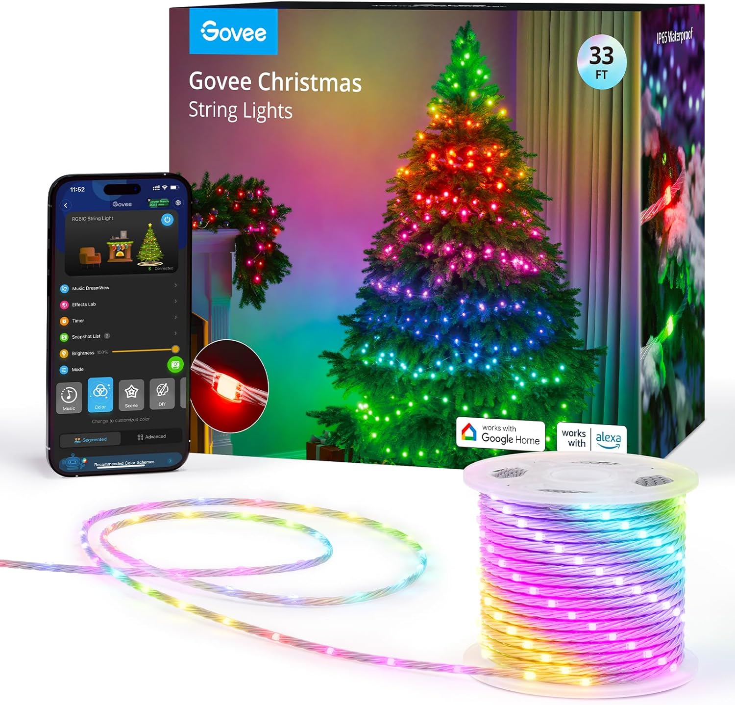 Govee Christmas Lights, Smart RGBIC Christmas Tree Lights, 99+ Holiday Scene Modes, 33ft with 100 LEDs String Lights Outdoor, IP65 Waterproof, Sync with Music, Works with Alexa, New Year Decor