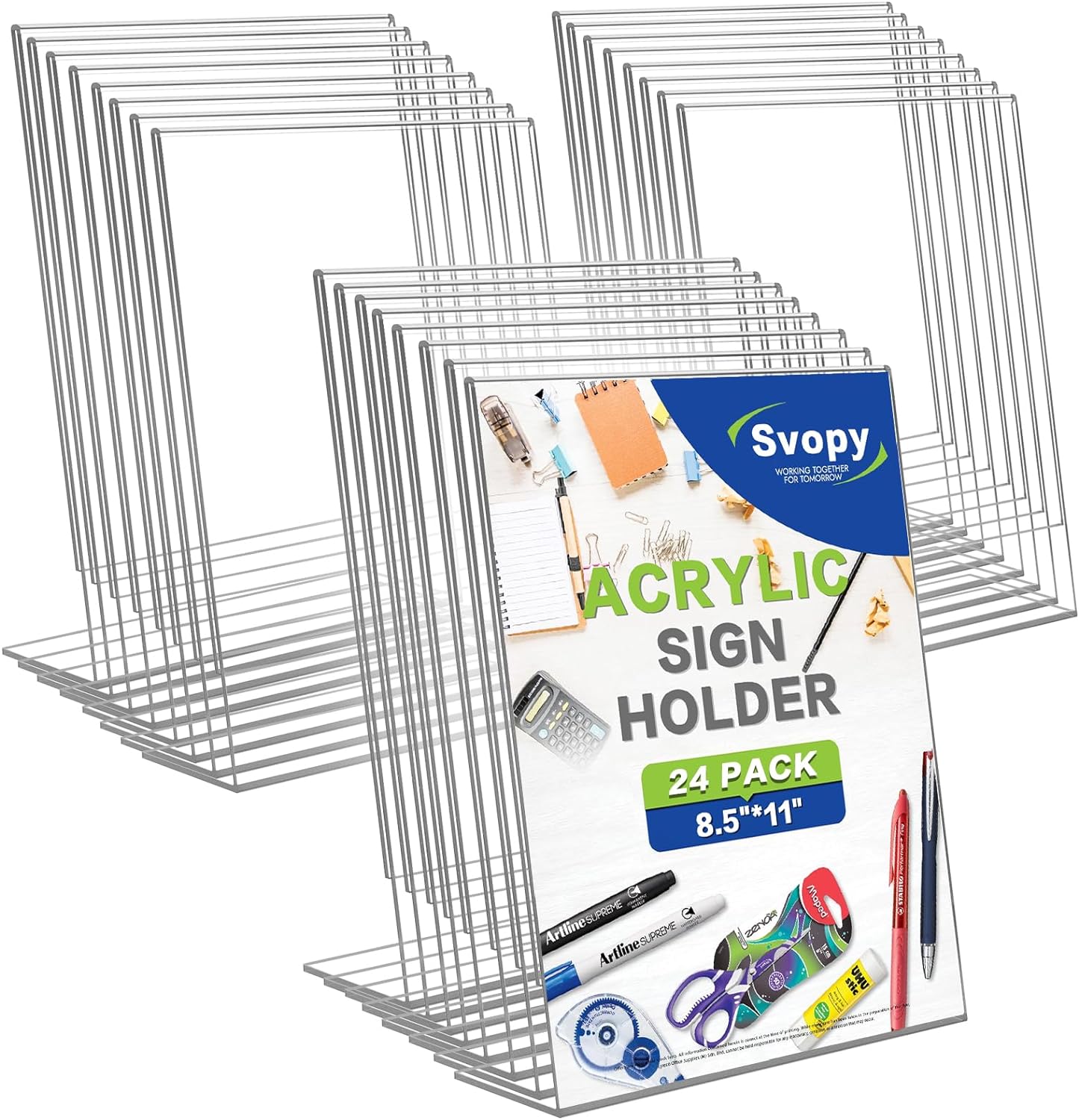 SVOPY Acrylic Sign Stand Holders - 8.5 x 11 Inches Clear Plastic Table Paper Display Stand, Suit for Displaying Posters, Picture, Flyers, Menu - 24 Pack