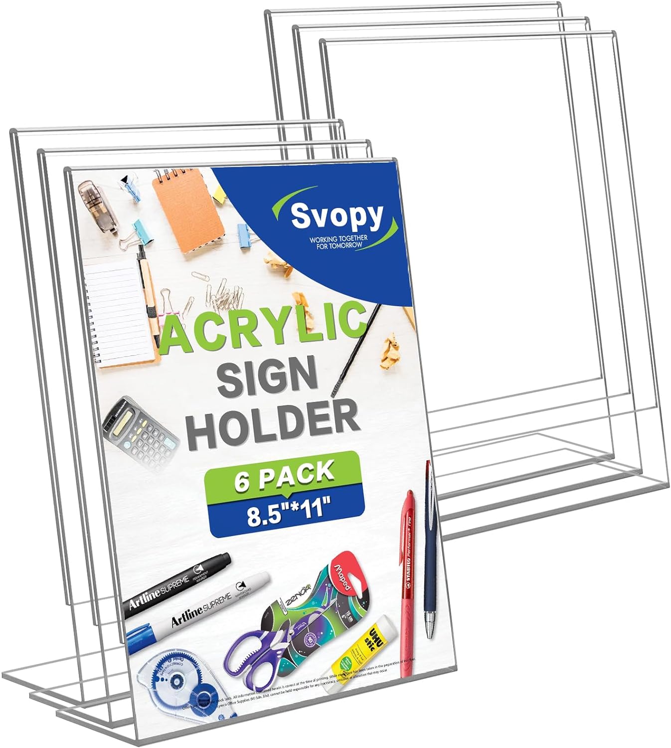 SVOPY Acrylic Sign Stand Holders - 8.5 x 11 Inches Clear Plastic Table Paper Display Stand, Suit for Displaying Posters, Picture, Flyers, Menu - 6 Pack