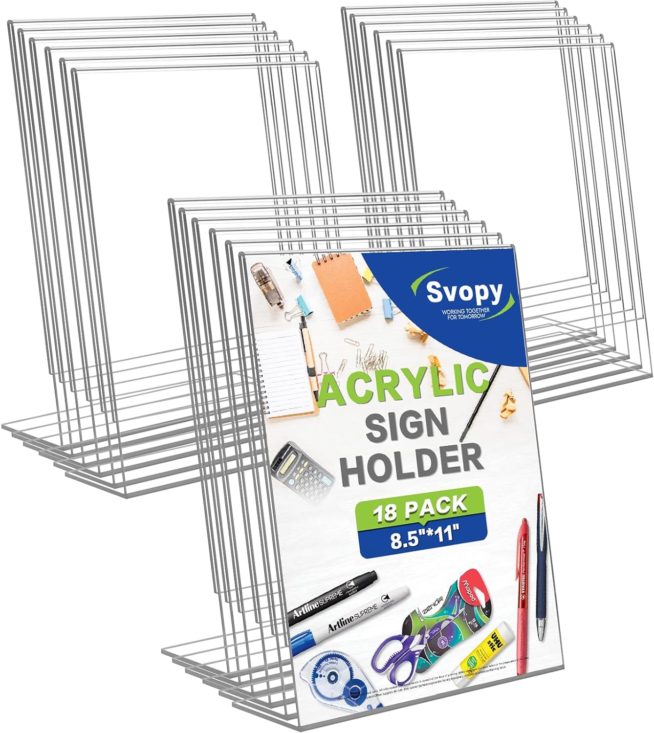 SVOPY Acrylic Sign Stand Holders - 8.5 x 11 Inches Clear Plastic Table Paper Display Stand, Suit for Displaying Posters, Picture, Flyers, Menu - 18 Pack