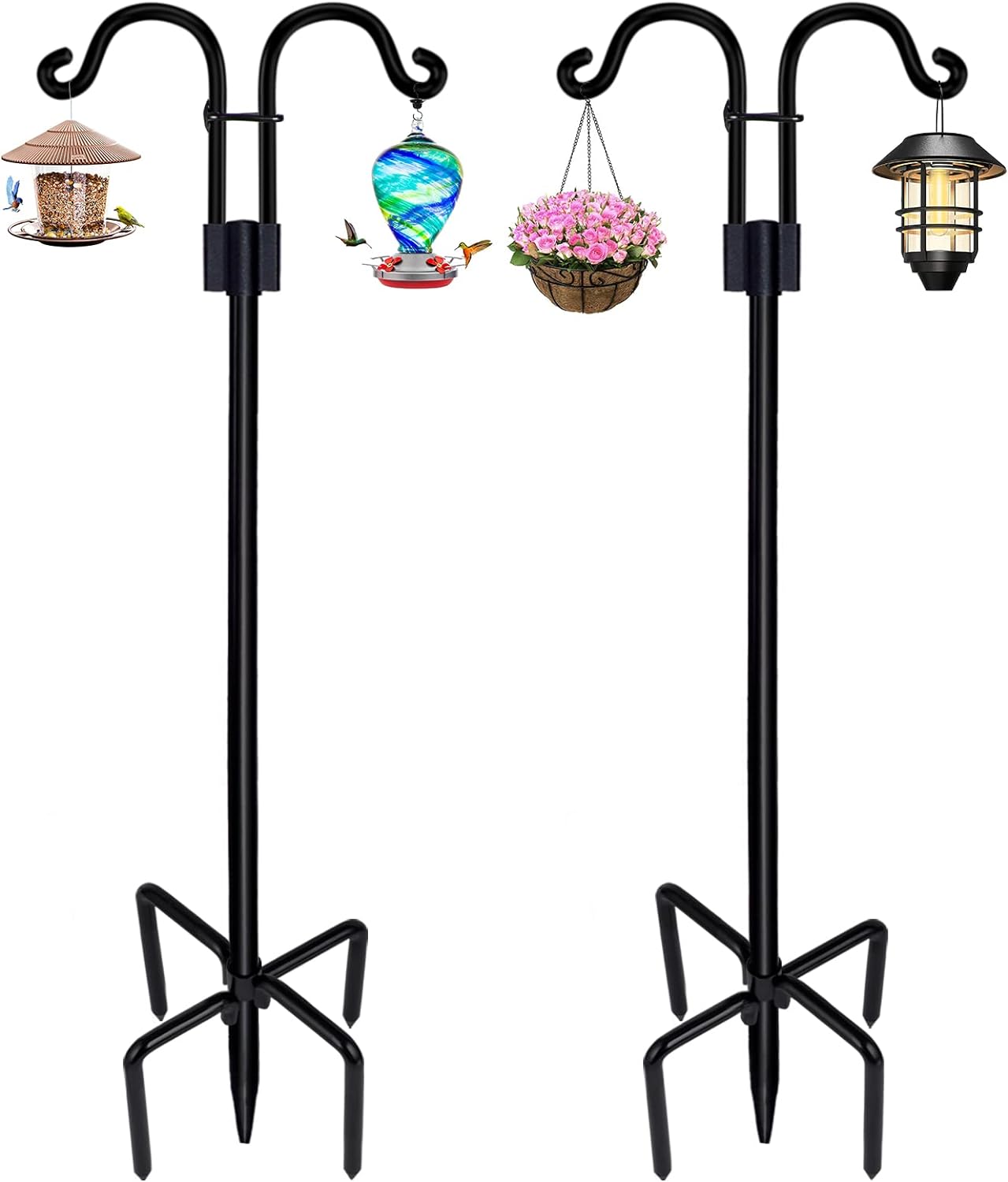 STAUKOK Double Shepherds Hooks for Outdoor, 2 Pack 76 Inch Bird Feeder Pole with 5 Prongs Base, Heavy Duty Garden Hook for Hanging Plant, Lantern, Hummingbird Feeder