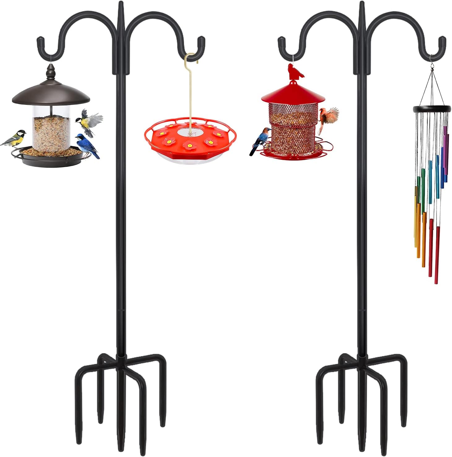 FEED GARDEN Adjustable Double Shepherds Hook for Outdoor with 5 Prong Base 75 Inch Heavy Duty Two Sided Bird Feeder Pole for Hanging Plant Baskets, Solar Light Lanterns, Wind Chimes 2 Pack