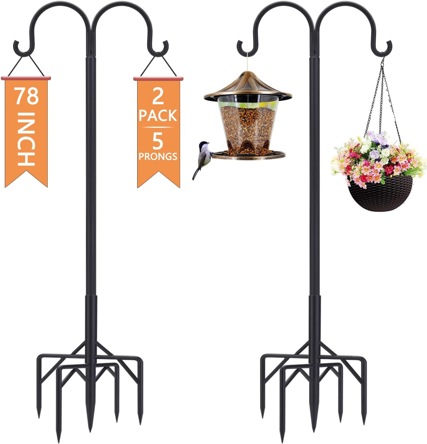 RINLAIN Bird Feeder Pole,Double Shepherds Hooks for Outdoor,5 Base Prongs Adjustable Bird Feeder Stand for Hanging Heavy Duty Bird Feeder,Plant Baskets,Garden Plant Hanger Stands(78Inch,2Pack)