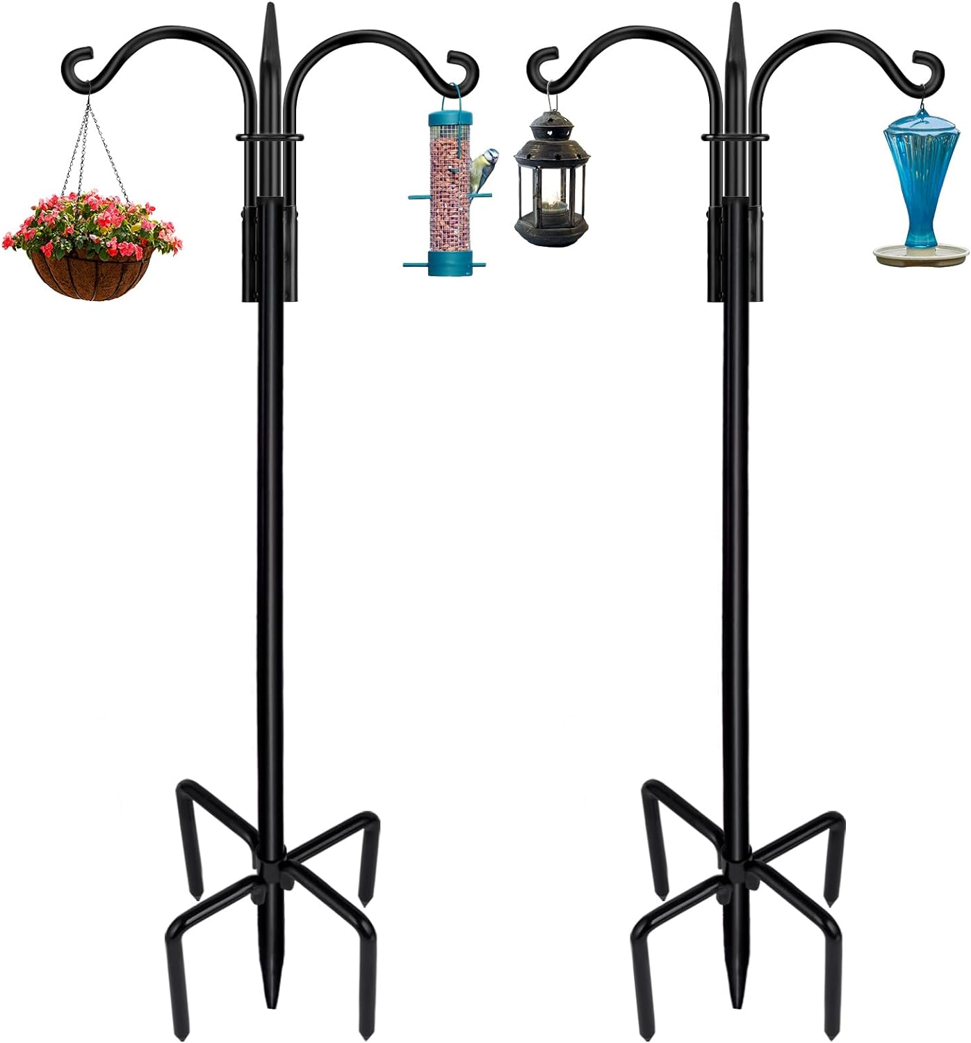 STAUKOK Double Shepherds Hooks for Outdoor, 2 Pack 58 Inch New Version Bird Feeder Pole with 5 Prongs Base, Heavy Duty Garden Hook for Hanging Plant, Lantern, Hummingbird Feeder