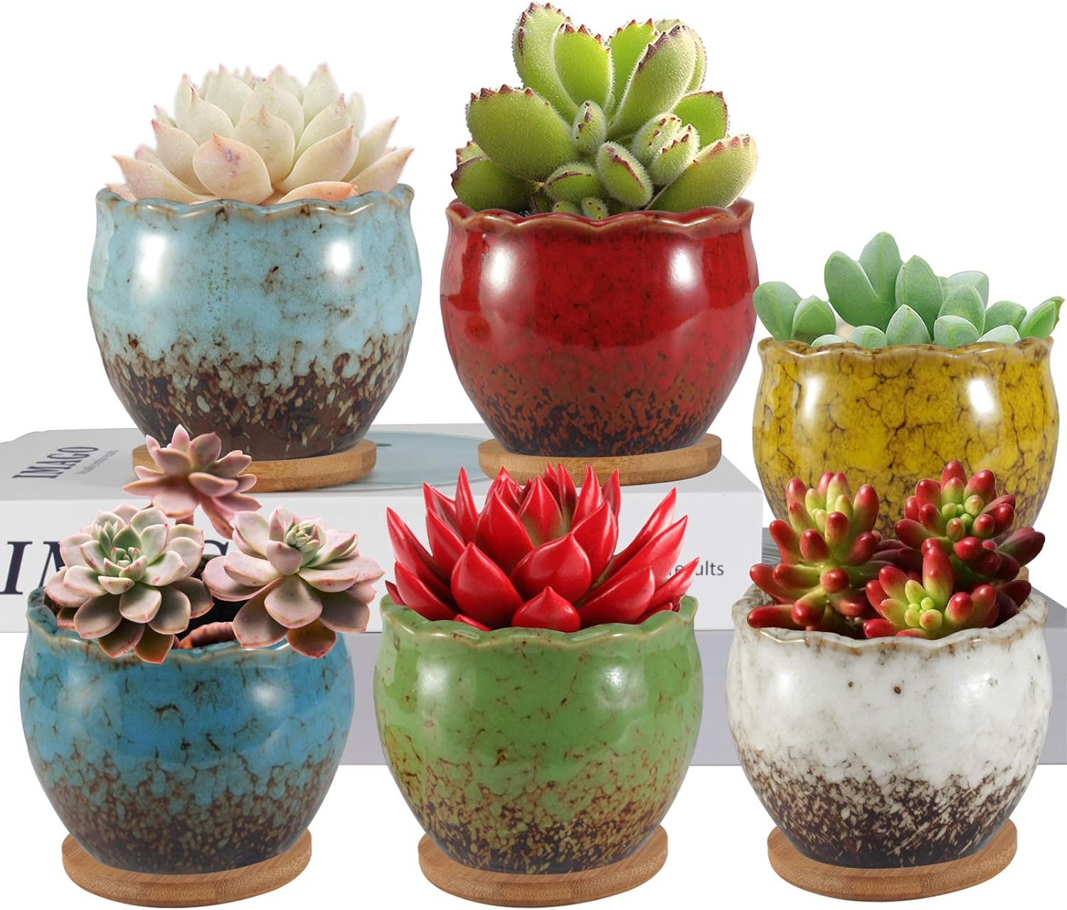 ZOUTOG Succulent Pots, 4 inch Colorful Ceramic Flower Pots, Succulent Planter with Drainage Hole and Bamboo Plant Saucers