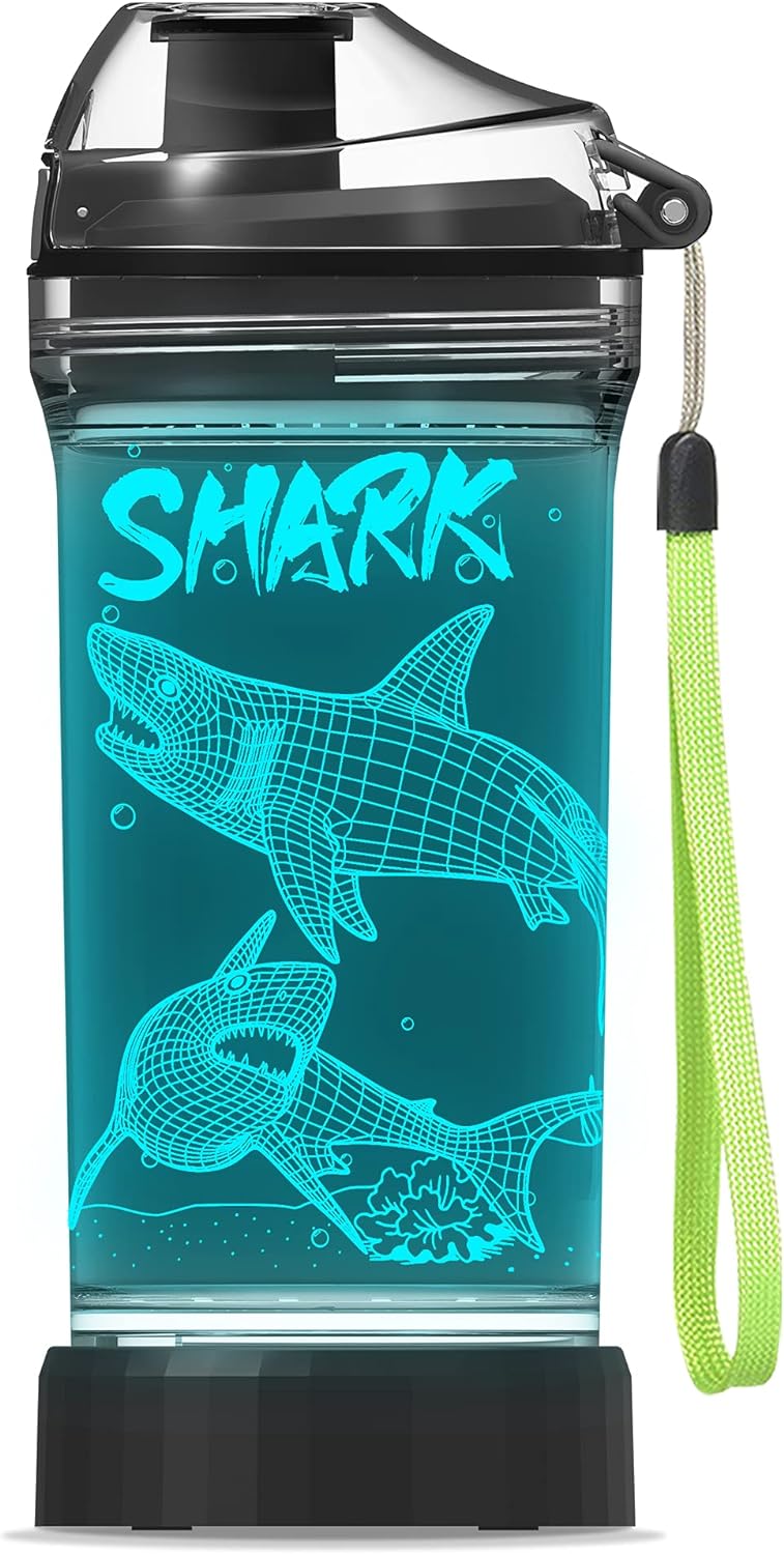 YuanDian Shark Gifts, Light Up Kids Water Bottle with 3D Ocean Animal Shark Design- 14 OZ Tritan BPA Free Eco-Friendly - Cool Drinking Cups Gift for School Kids Baby Boy Girl Child Christmas Holiday