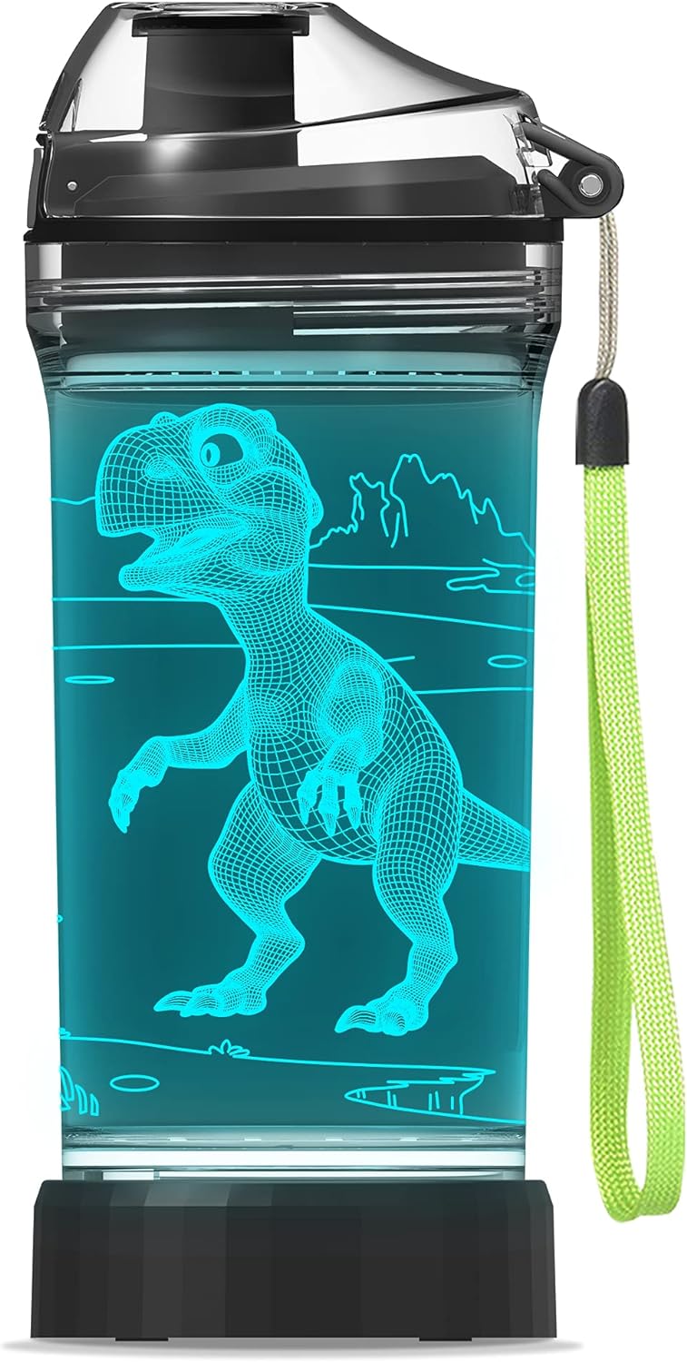 YuanDian Dinosaur Gifts, Light Up Boy Water Bottle with 3D Dino T Rex Design- 14 OZ Tritan BPA Free Eco-Friendly - Cool Drinking Cups Gift for School Kids Boy Girl Child Dinosauria Lovers