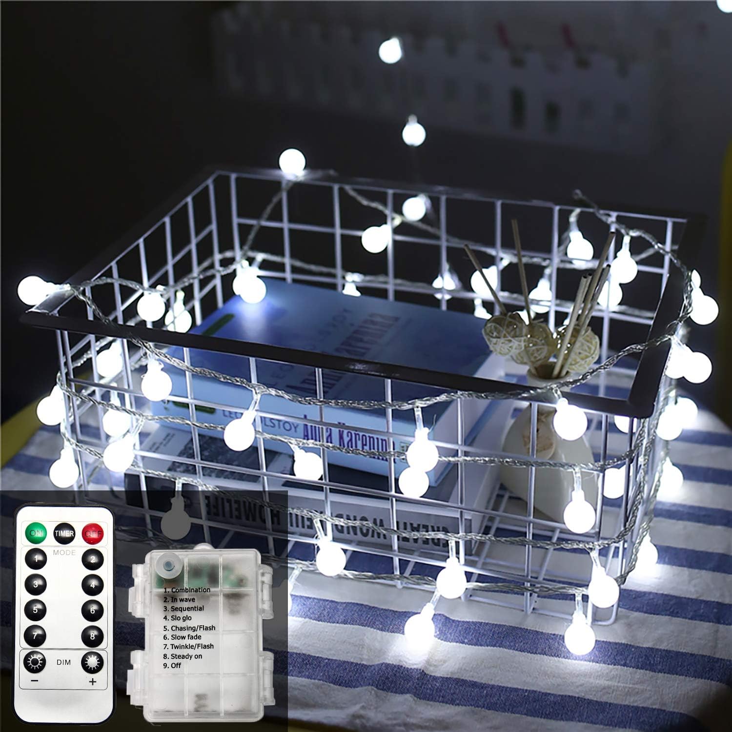 ZOUTOG Battery Outdoor String Lights, 49ft 120 LED Bulb White Globe String Lights with Remote Controller, Decorative Timer Fairy Light for Christmas/Wedding/Party Indoor and Outdoor, Cool White