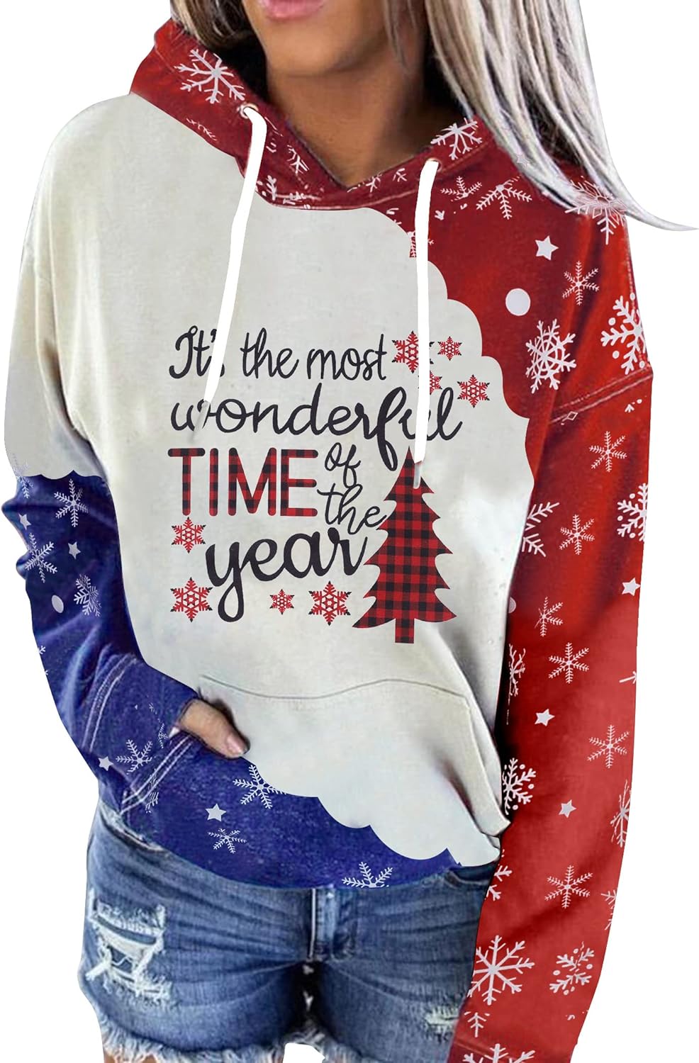 ALLTB Christmas Hoodie for Women Gnomes Buffalo Plaid Sweatshirt Tops Snowflake Tree Print Long Sleeve Shirt with Pocket