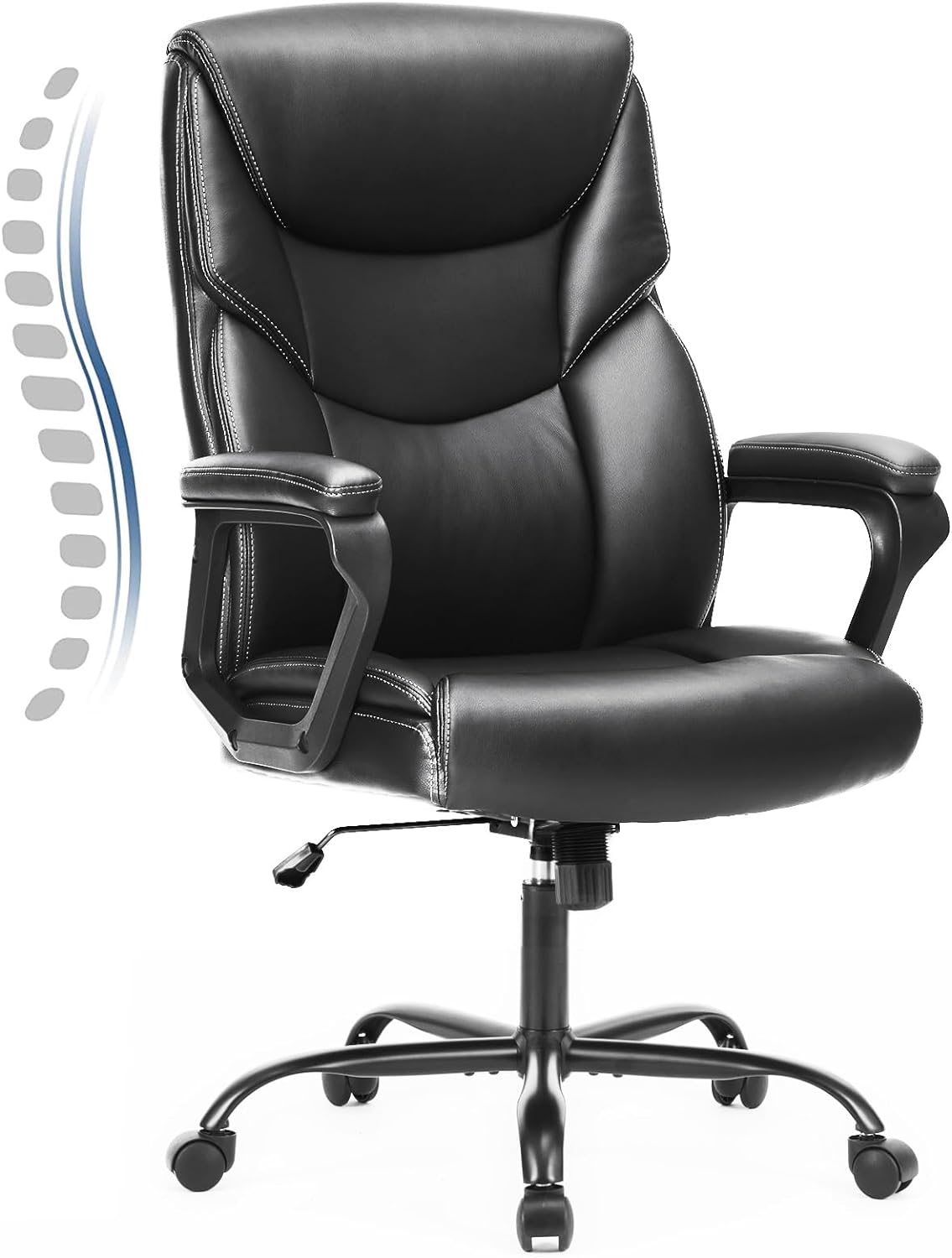 JHK Executive High Back Big and Tall Leather Office Desk Chairs with Arms Ergonomic Lumbar Support, Adjustable Height,Wheels, Soft Padded, Black