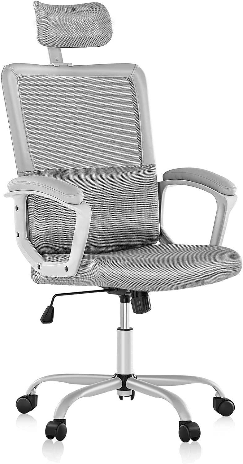 JHK Ergonomic Home Mesh Swivel Rolling Office Desk Computer Chair with Adjustable Headrest, Soft PU Armrest, Lumbar Support and Rocking Function, 18.11" D x 19.49" W x 43.5" H, Grey