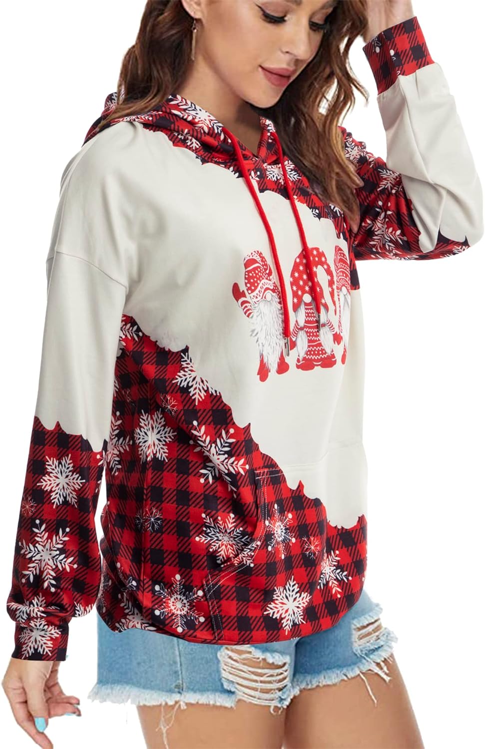 ALLTB Christmas Hoodie for Women Gnomes Buffalo Plaid Sweatshirt Tops Snowflake Tree Print Long Sleeve Shirt with Pocket