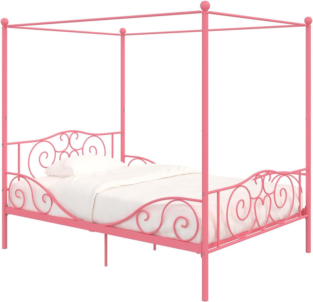 DHP Metal Canopy Kids Platform Bed with Four Poster Design, Scrollwork Headboard and Footboard, Underbed Storage Space, No Box Sring Needed, Full, Pink