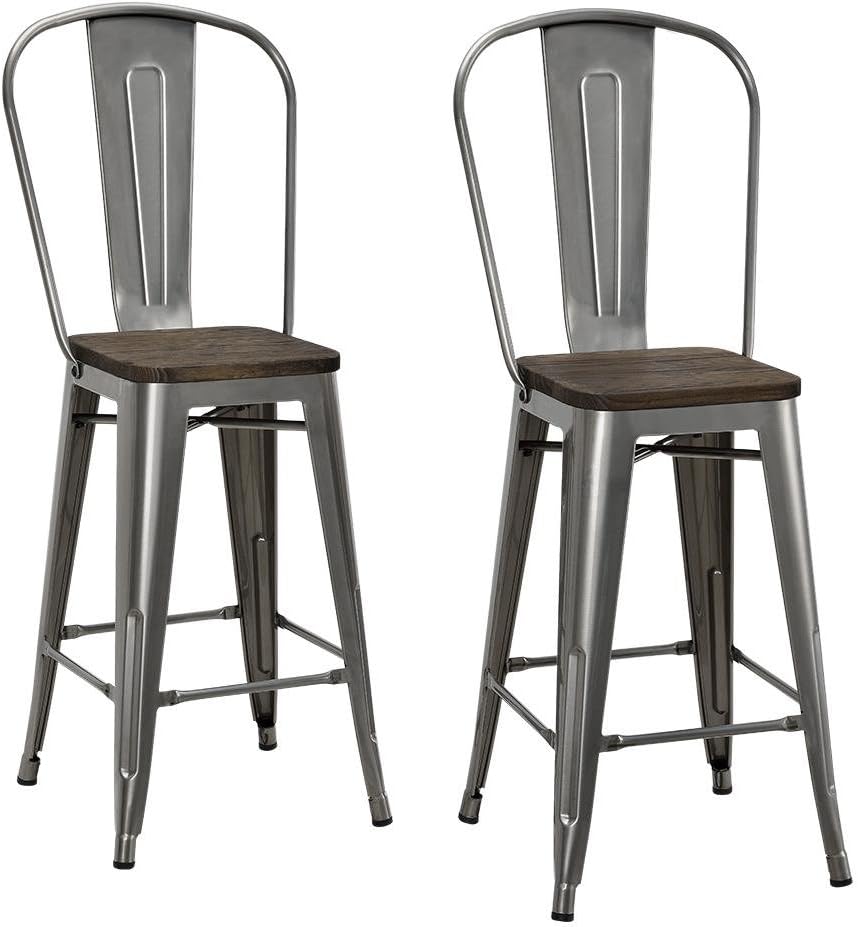 DHP Luxor Counter Stool with Wood Seat and Backrest, 24", Antique Gun Metal