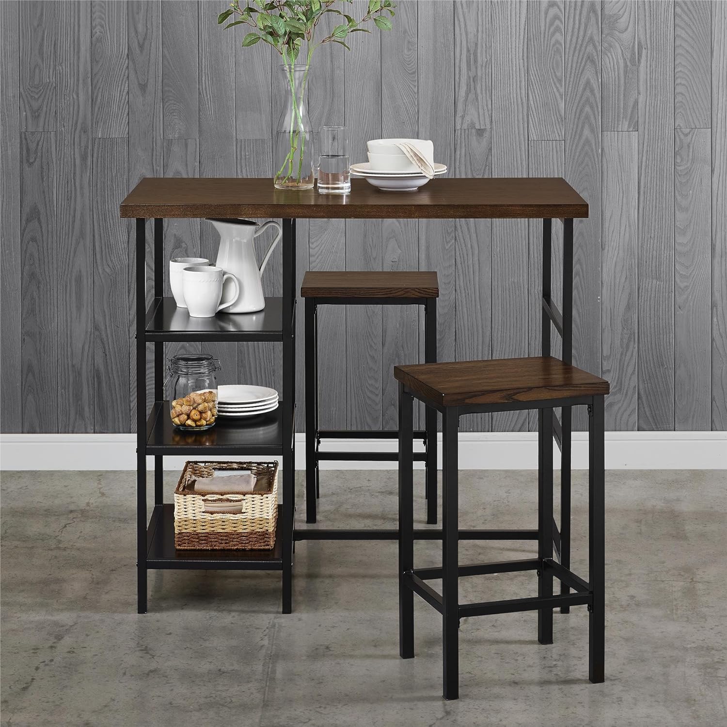 Dorel Living Cosmo 3-Piece Metal Pub Set With Wood Top, Dark Mahogany