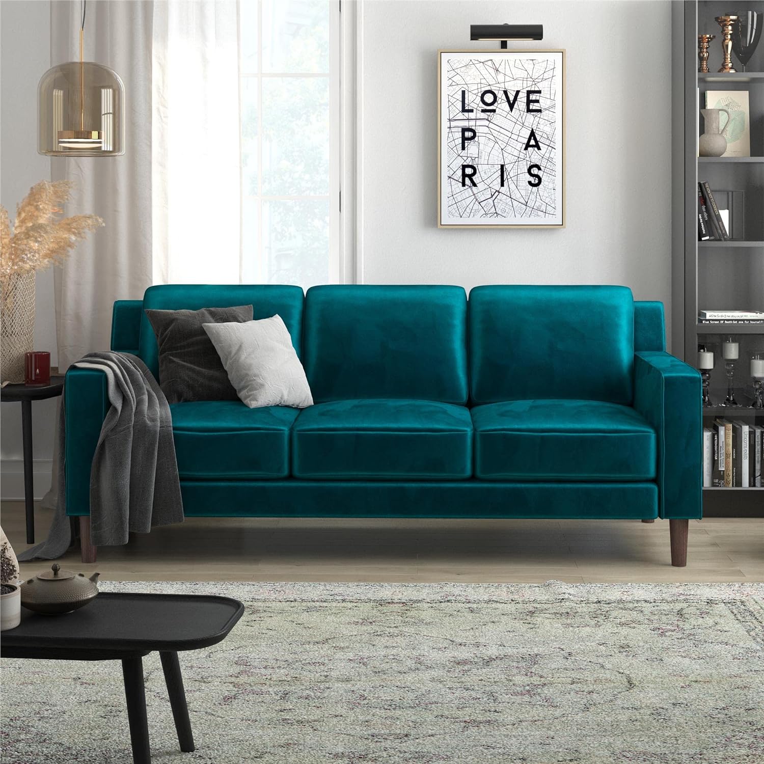 DHP Brynn 3 Seater Sofa, Green Velvet