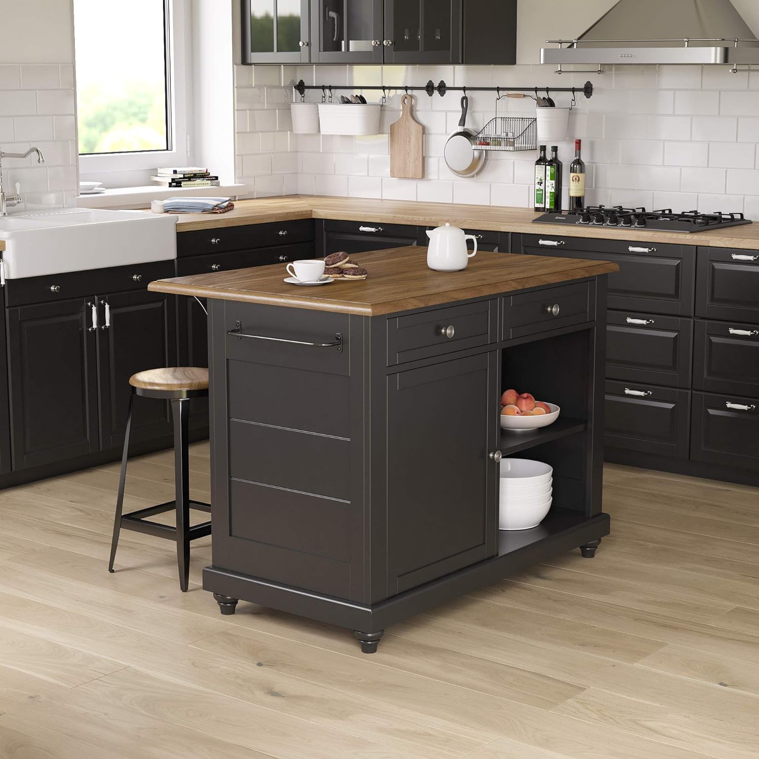 DHP Dorel Living Kelsey 2, Black & Rustic Oak Kitchen Island with Stools