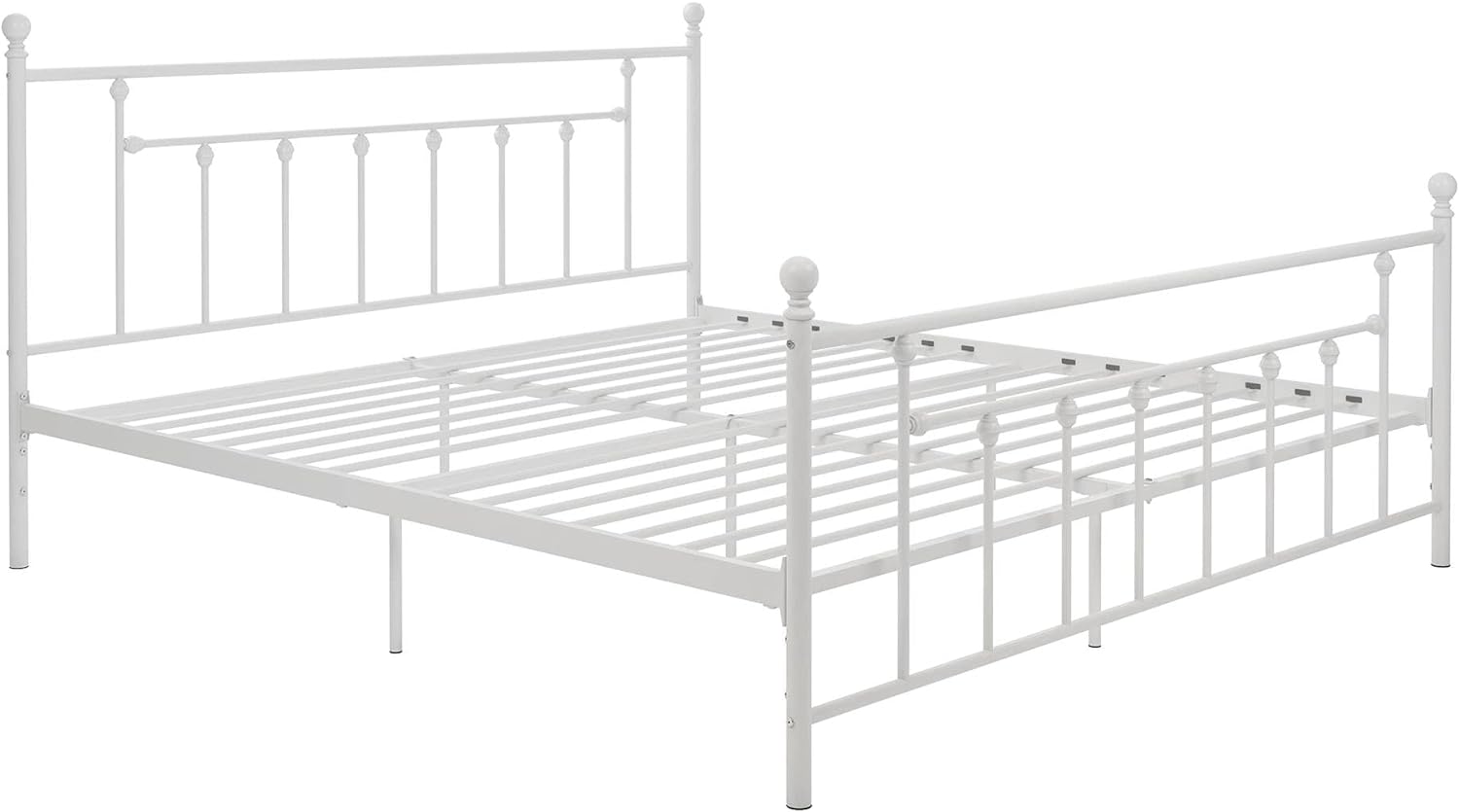 DHP Manila Metal Bed with Round Finial Post Headboard and Footboard, Adjustable Base Height for Underbed Storage, No Box Spring Needed, King, White