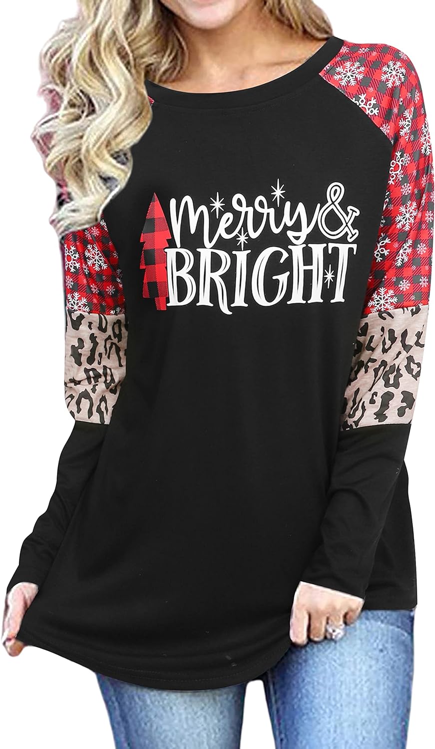 Merry and Bright Shirts Womens Christmas Tree Plaid Raglan Long Sleve Tees Letter Print Baseball T Shirt Tops