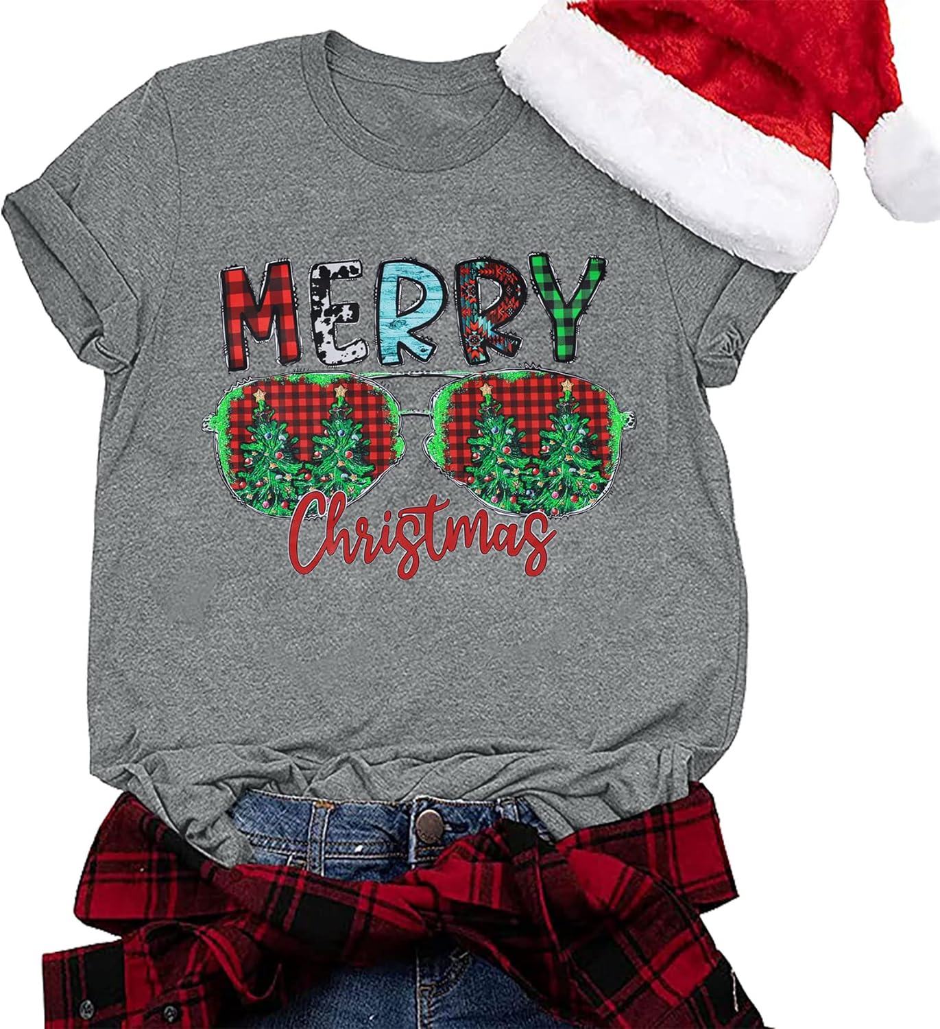 ALLTB Santa We Good Shirt Women Merry Christmas Tshirt Cute Santa Shirt Blouse Casual Holiday Xmas Tee Tops (Grey, Large)