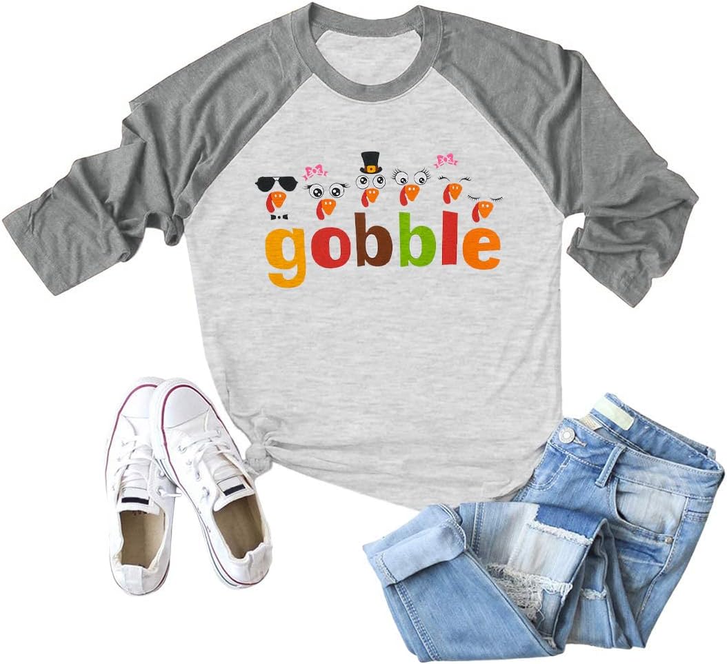 Gobble Tshirt for Women Funny Thankful Turkey Face Shirt Colourful Thanksgiving Tee Shirts 3/4 Sleeve Tee Tops