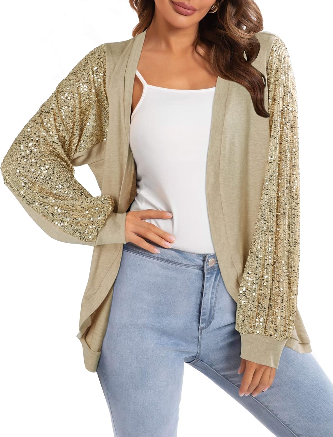 ALLTB Sequin Cardigans for Women Sparkly Long Sleeve Shirts Tops Open Front Outerwear Coat Shimmer Glitter Loose Jackets