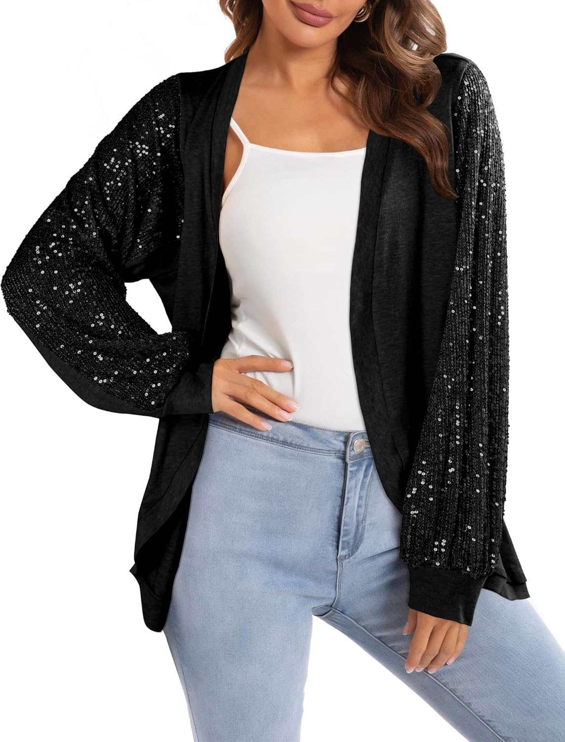 ALLTB Sequin Cardigans for Women Sparkly Long Sleeve Shirts Tops Open Front Outerwear Coat Shimmer Glitter Loose Jackets