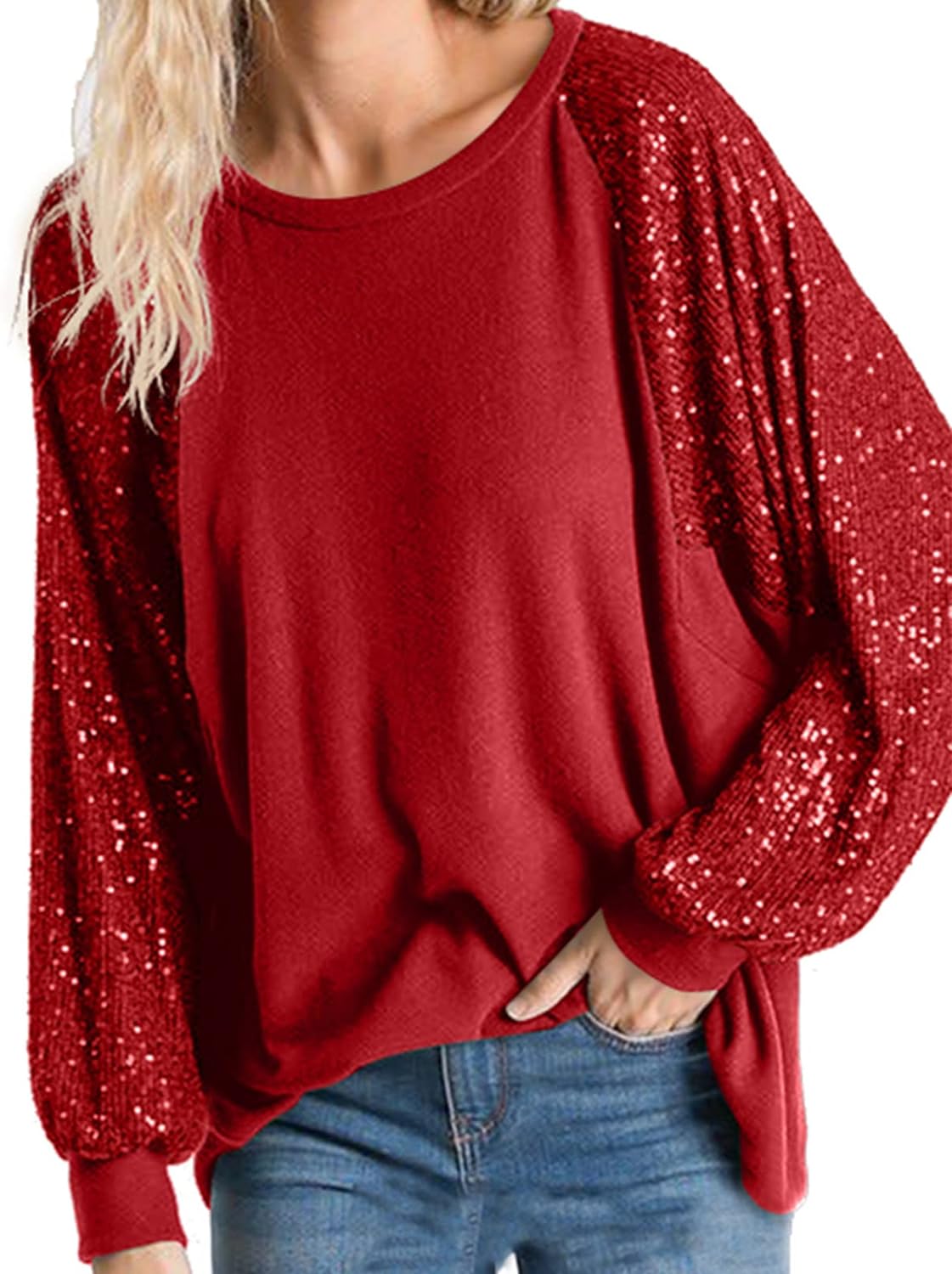 ALLTB Women&#39; Sequin Tops Sparkle Long Sleeve Blouses Shimmer Glitter Sweatshirt Party Crewneck Loose Fit Shirts