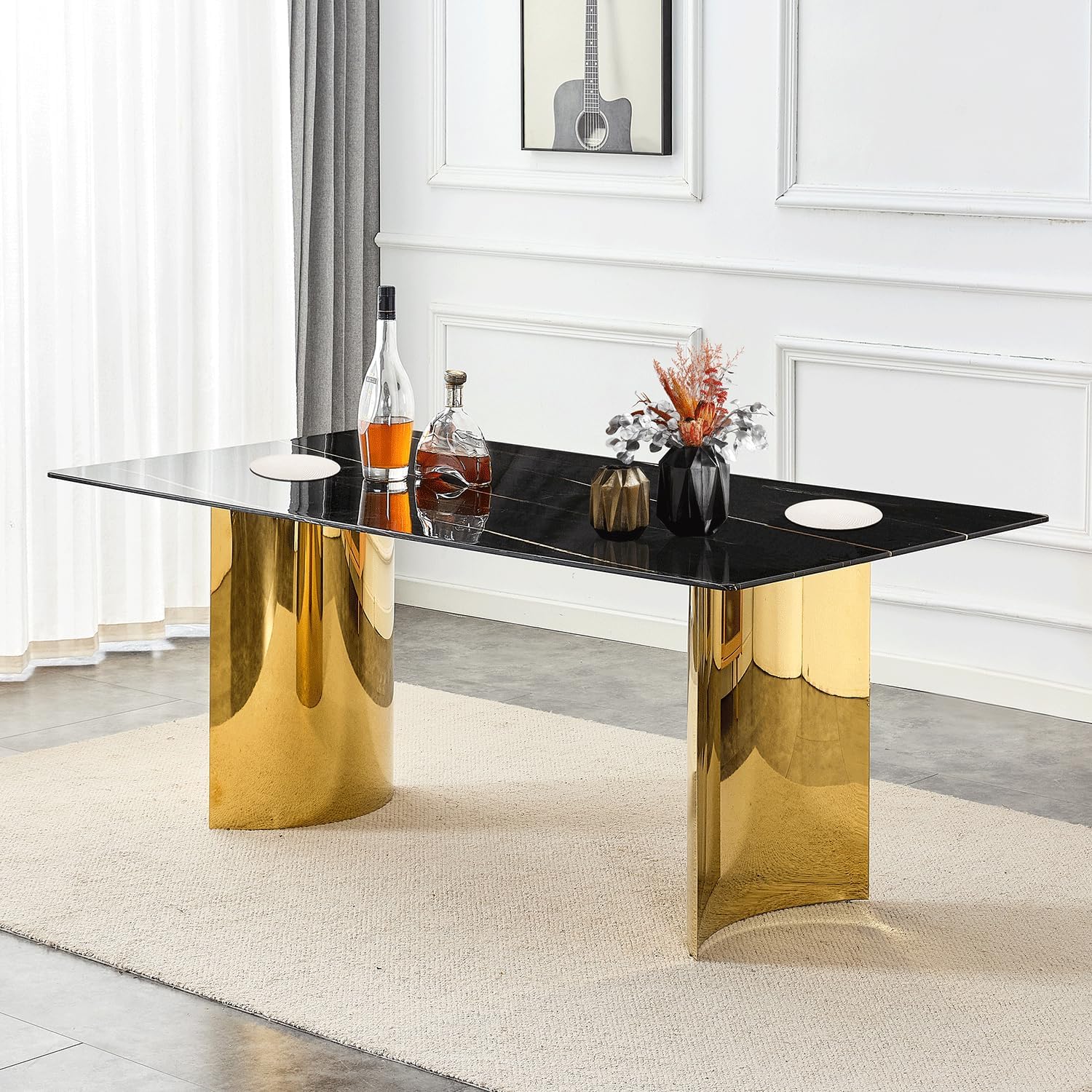 MEMUY 73Black Dining Table,Rectangle Faux Marble Kitchen Table Top with Golden Metal Base,Scratching Resistance Glass Dining Table for 4-6 Person,Thickness Modern Dinner Table