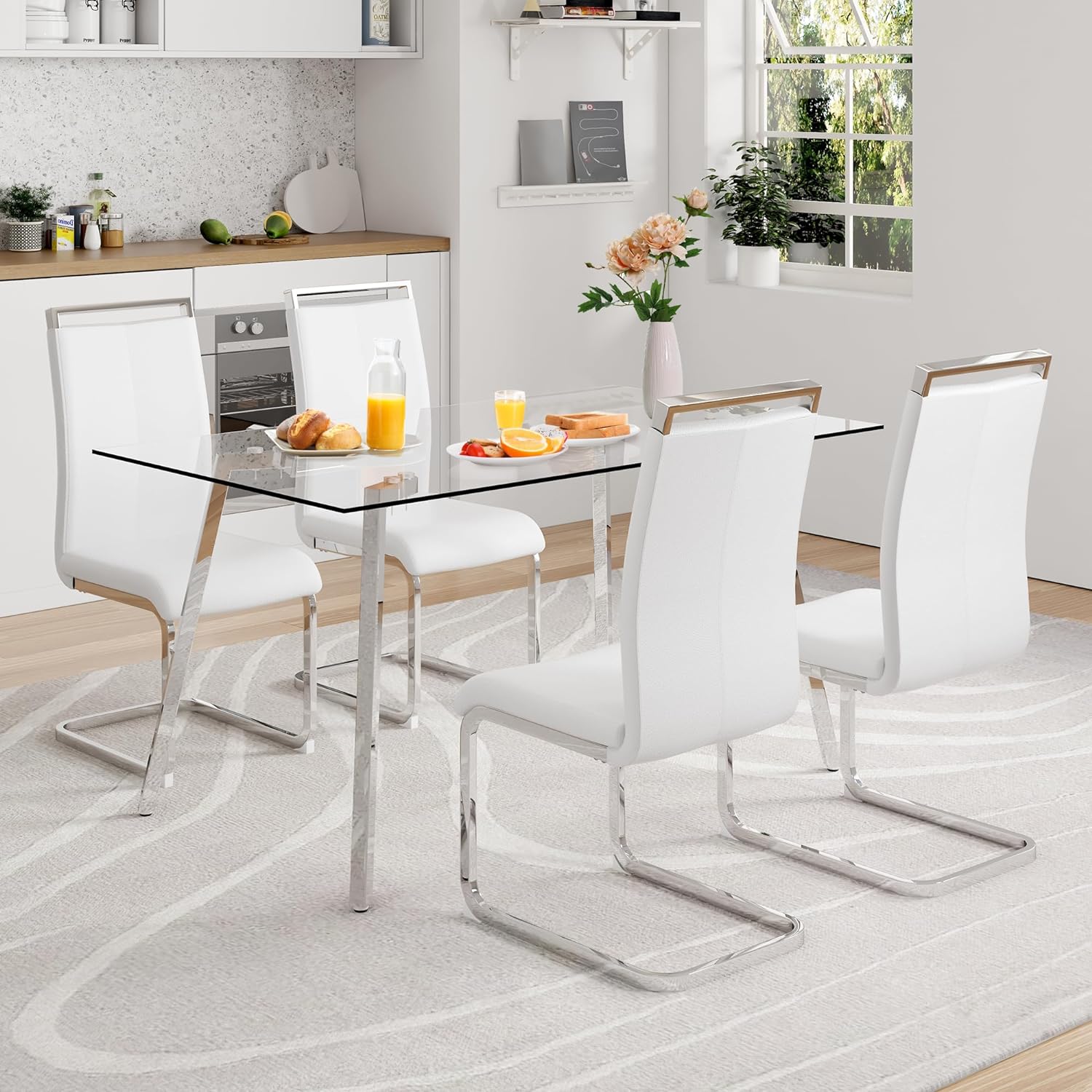 Glass Dining Table Set for 4,Rectangle Dinner Table with 4 White Leather Kitchen Chairs,51 in Kitchen Room Dining Set,0.31 Tempered Glass Table Top with Silver Metal Legs,4 Dining Chairs